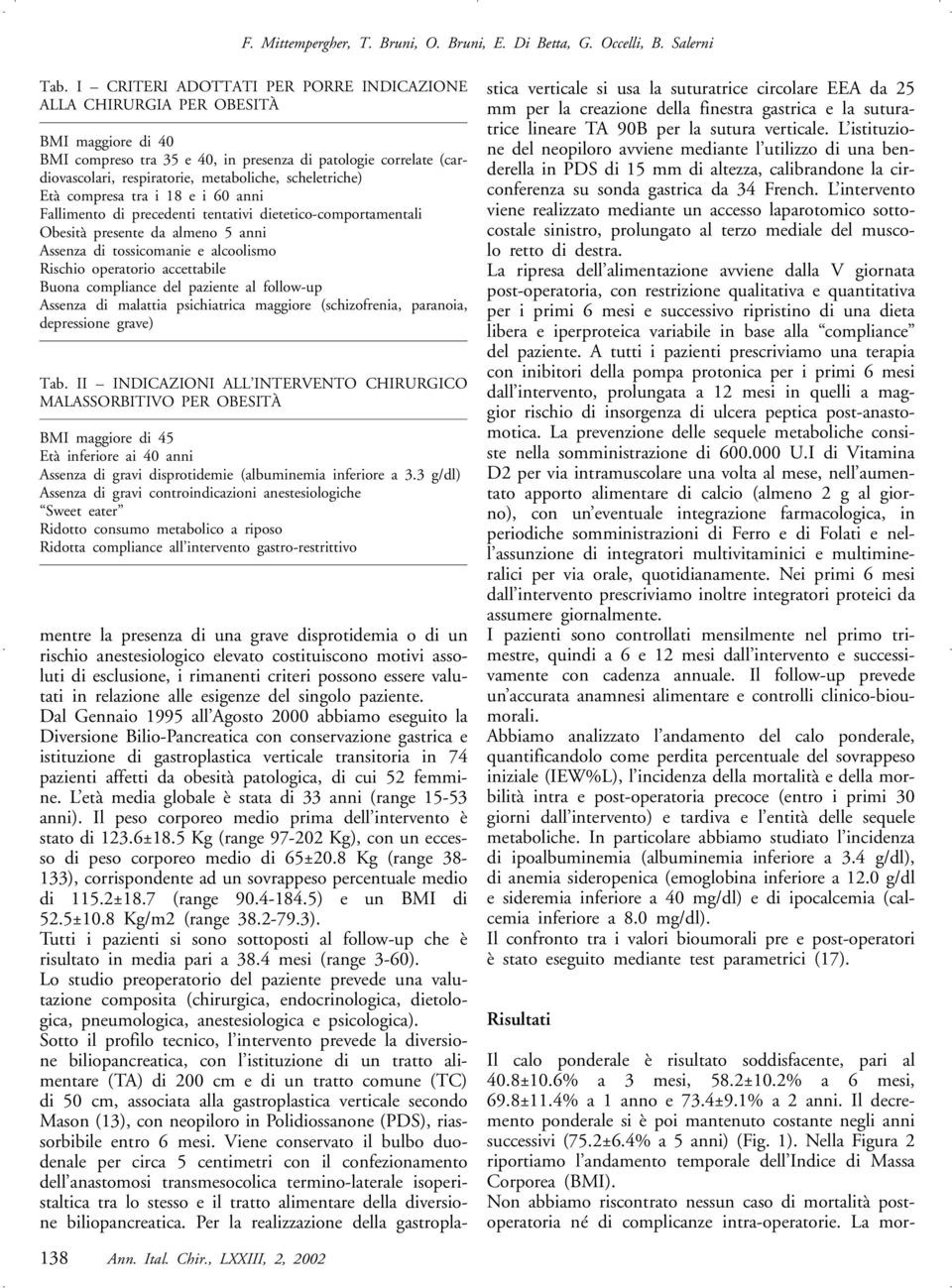 scheletriche) Età compresa tra i 18 e i 60 anni Fallimento di precedenti tentativi dietetico-comportamentali Obesità presente da almeno 5 anni Assenza di tossicomanie e alcoolismo Rischio operatorio