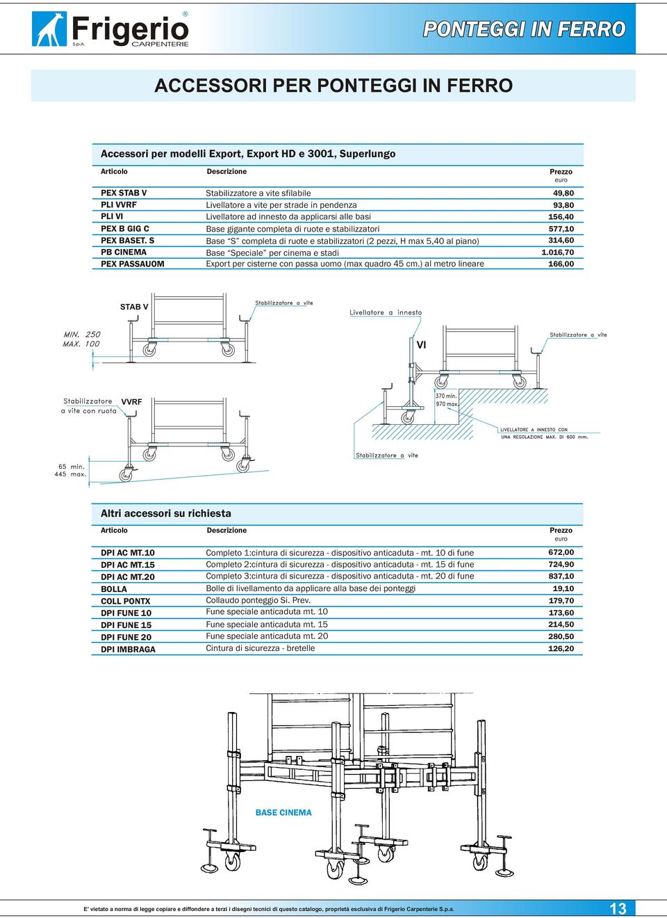 ruote e stabilizzatori 577,0 ase S completa di ruote e stabilizzatori (2 pezzi, max 5,40 al piano) 34,60 ase Speciale per cinema e stadi.06,70 Export per cisterne con passa uomo (max quadro 45 cm.