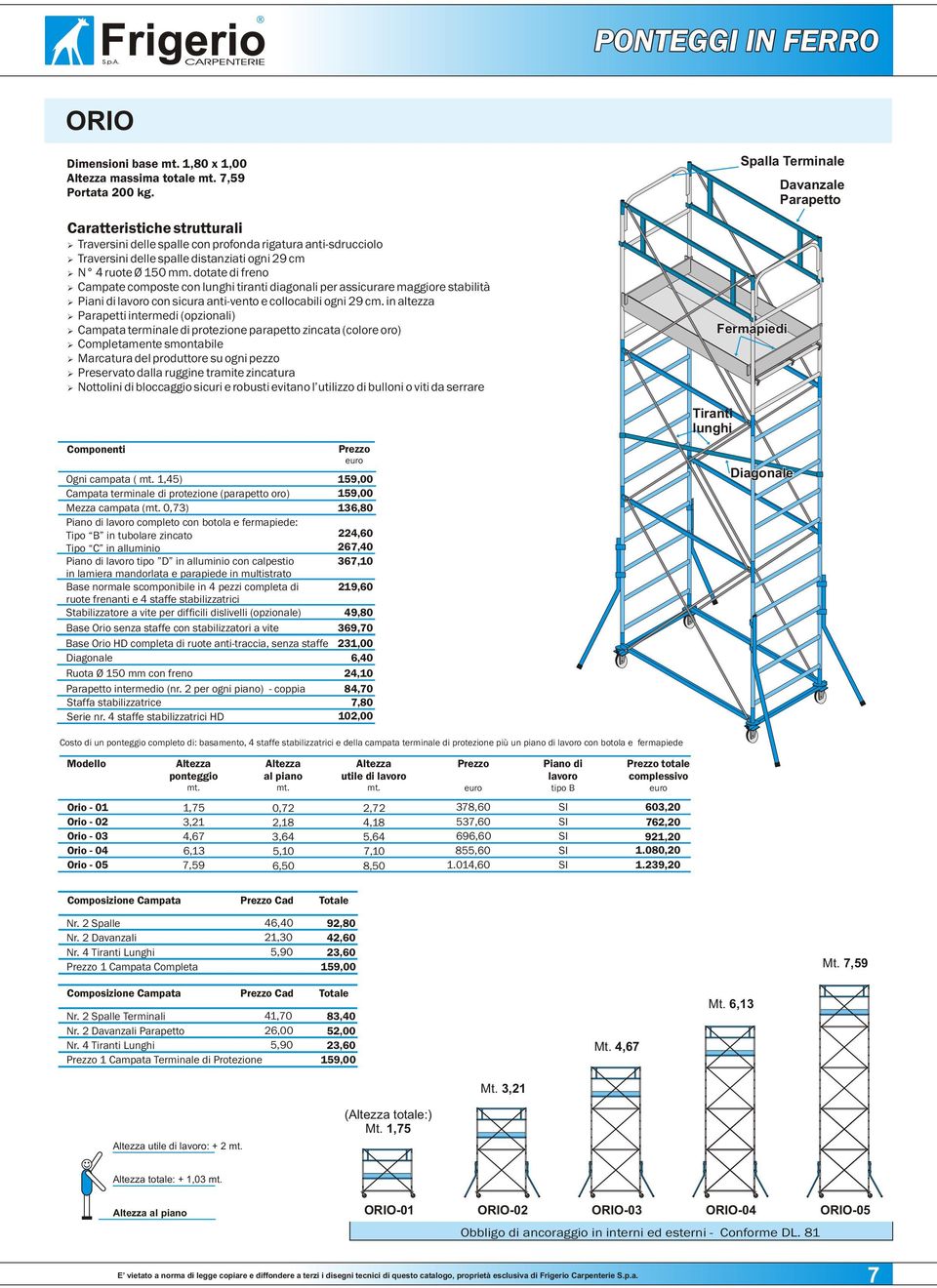 in altezza Parapetti intermedi (opzionali) Campata terminale di protezione parapetto zincata (colore oro) Completamente smontabile Marcatura del produttore su ogni pezzo Preservato dalla ruggine