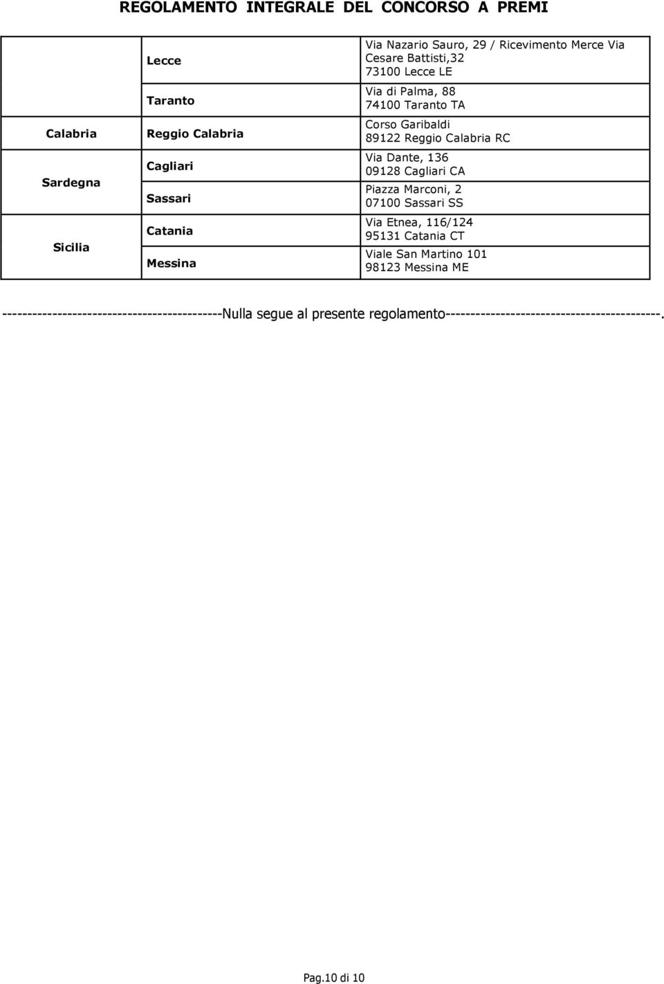 09128 Cagliari CA Piazza Marconi, 2 07100 Sassari SS Via Etnea, 116/124 95131 Catania CT Viale San Martino 101 98123 Messina ME