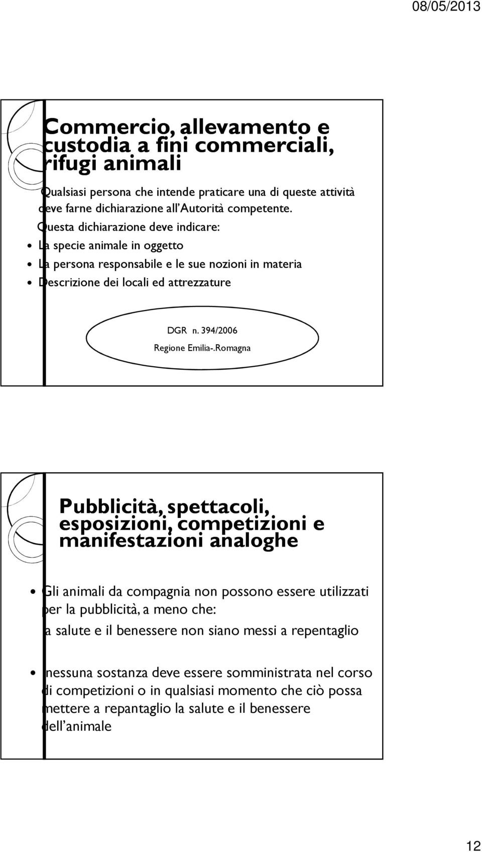 Romagna Pubblicità, spettacoli, esposizioni, competizioni e manifestazioni analoghe Gli animali da compagnia non possono essere utilizzati per la pubblicità, a meno che: la salute e il