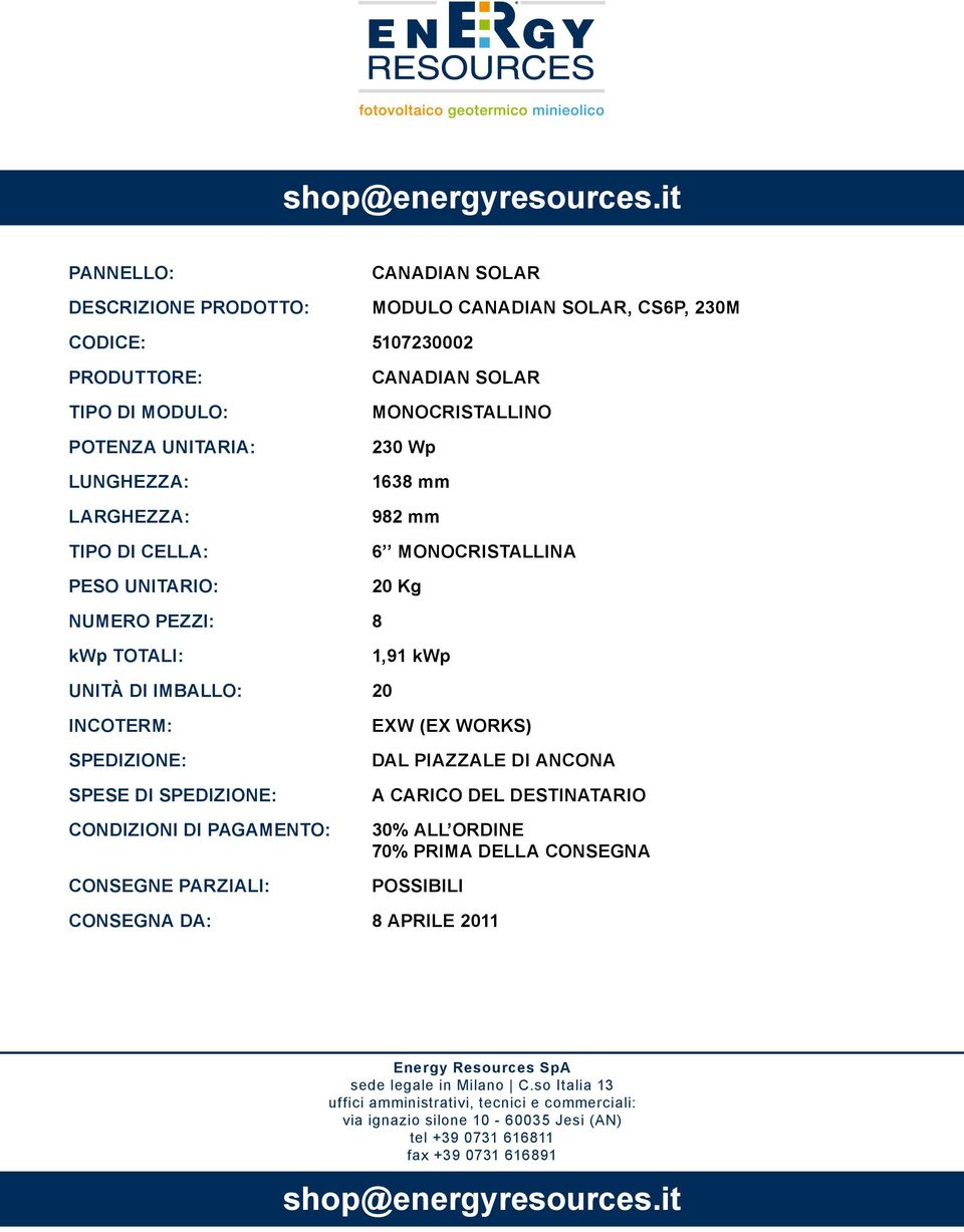 MONOCRISTALLINA 20 Kg NUMERO PEZZI: 8 1,91 kwp