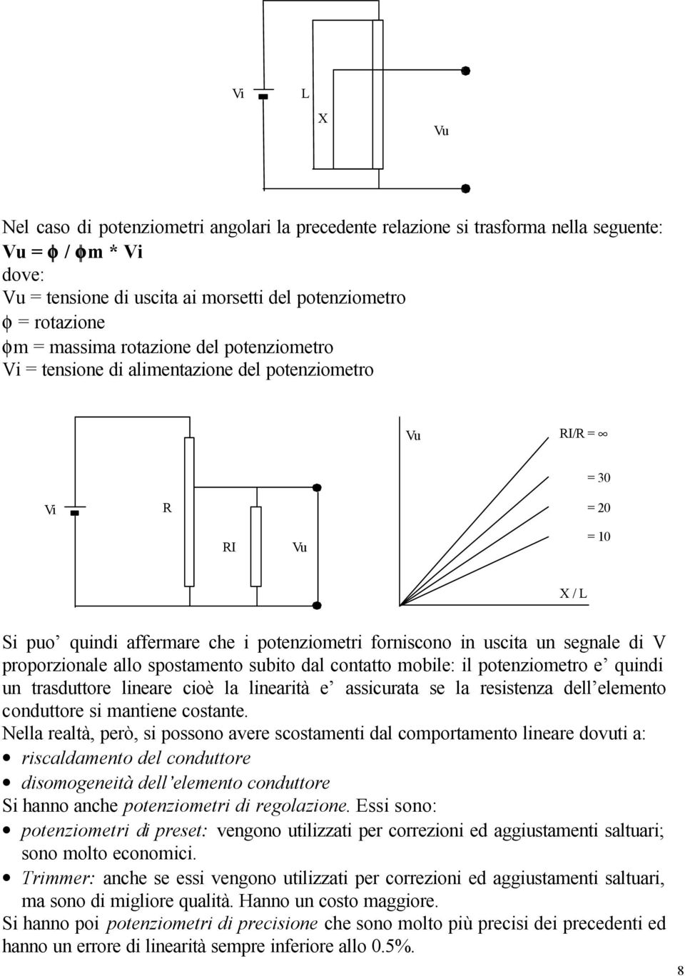 segnale di V proporzionale allo spostamento subito dal contatto mobile: il potenziometro e quindi un trasduttore lineare cioè la linearità e assicurata se la resistenza dell elemento conduttore si