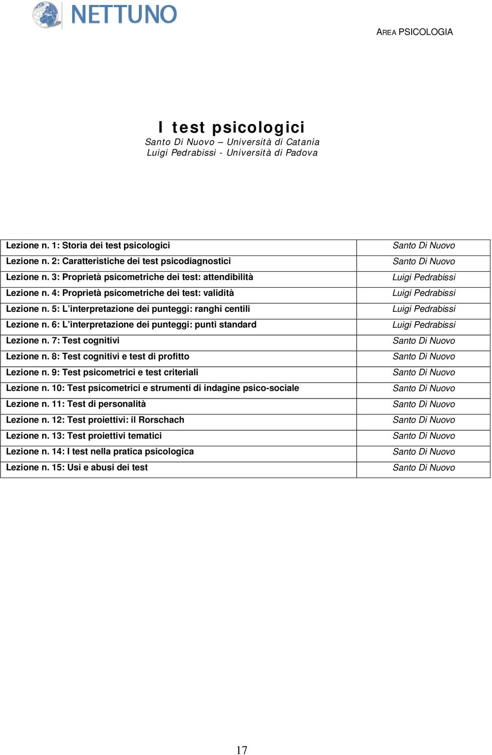 5: L interpretazione dei punteggi: ranghi centili Lezione n. 6: L interpretazione dei punteggi: punti standard Lezione n. 7: Test cognitivi Lezione n. 8: Test cognitivi e test di profitto Lezione n.