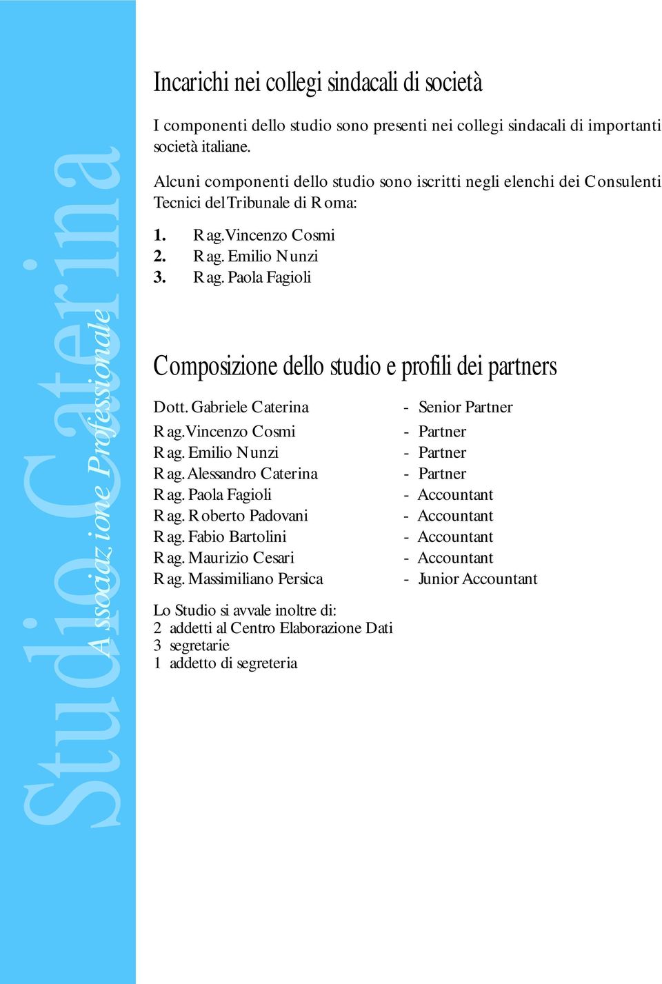 Gabriele Caterina Rag.Vincenzo Cosmi Rag. Emilio Nunzi Rag.Alessandro Caterina Rag. Paola Fagioli Rag. Roberto Padovani Rag. Fabio Bartolini Rag. Maurizio Cesari Rag.