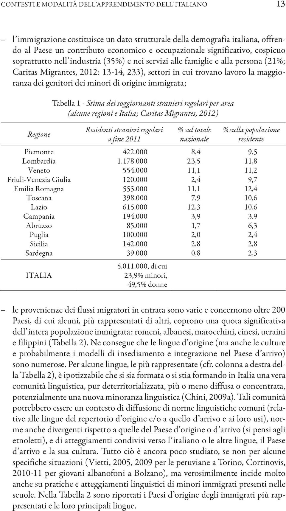 genitori dei minori di origine immigrata; Tabella 1 - Stima dei soggiornanti stranieri regolari per area (alcune regioni e Italia; Caritas Migrantes, 2012) le provenienze dei flussi migratori in