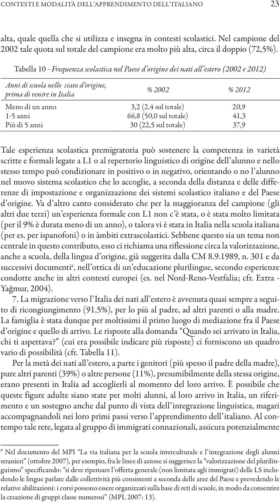 Tabella 10 - Frequenza scolastica nel Paese d origine dei nati all estero (2002 e 2012) Tale esperienza scolastica premigratoria può sostenere la competenza in varietà scritte e formali legate a L1 o