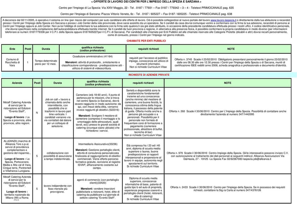 638 A decorrere dal 02//2005, è operativo il sistema on line (per mezzo del computer) per auto candidarsi alle offerte di lavoro. Ciò è possibile collegandosi al nuovo portale del lavoro www.lavoro.laspezia.