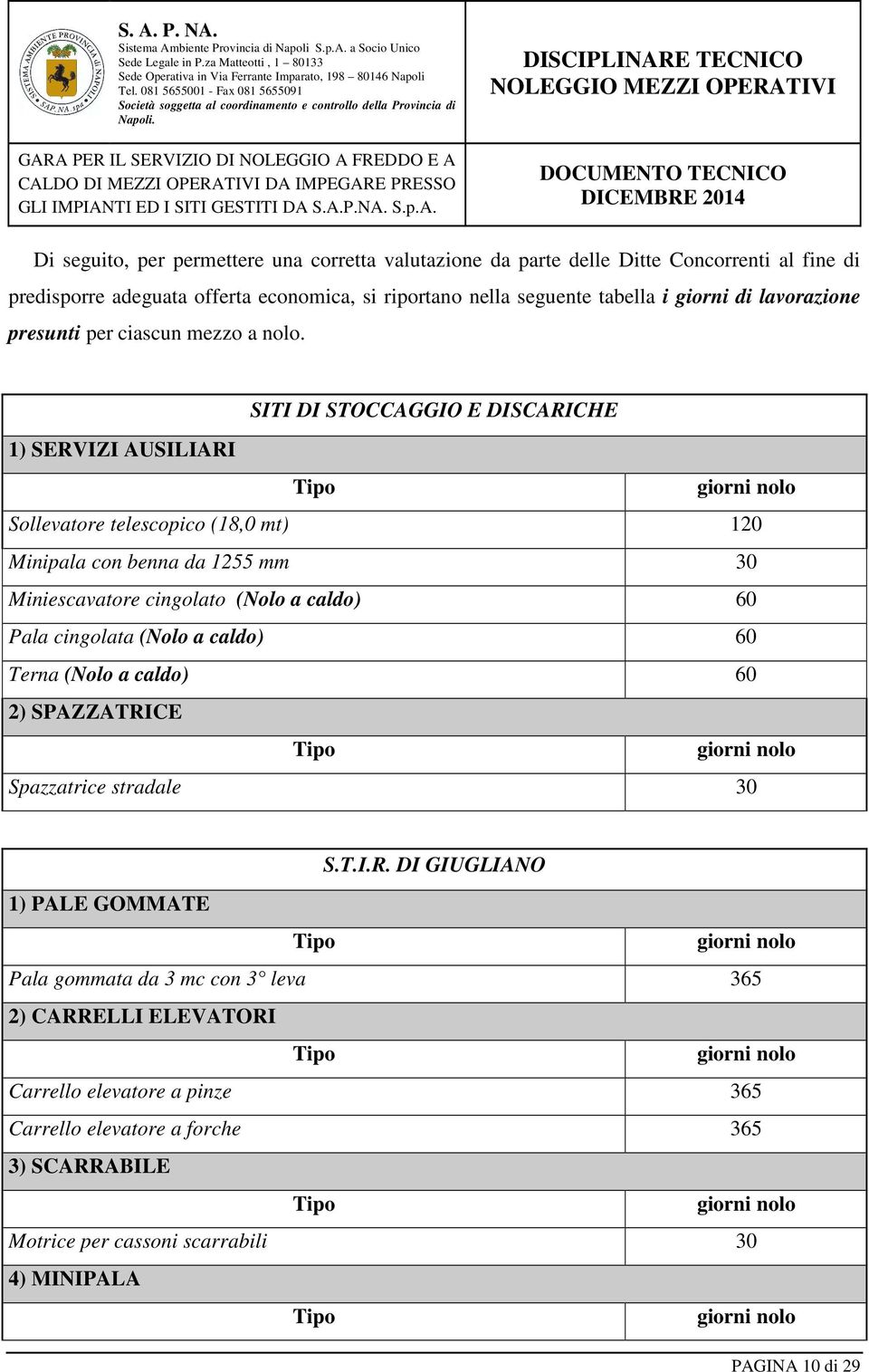 SITI DI STOCCAGGIO E DISCARICHE 1) SERVIZI AUSILIARI Sollevatore telescopico (18,0 mt) 120 Minipala con benna da 1255 mm 30 Miniescavatore cingolato (Nolo a caldo) 60 Pala cingolata