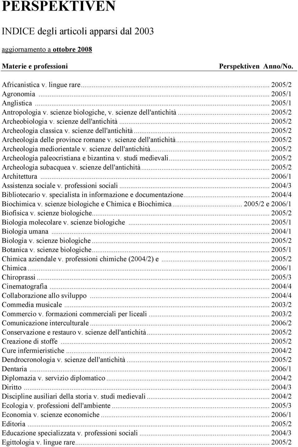 scienze dell'antichità... 2005/2 Archeologia mediorientale v. scienze dell'antichità... 2005/2 Archeologia paleocristiana e bizantina v. studi medievali... 2005/2 Archeologia subacquea v.