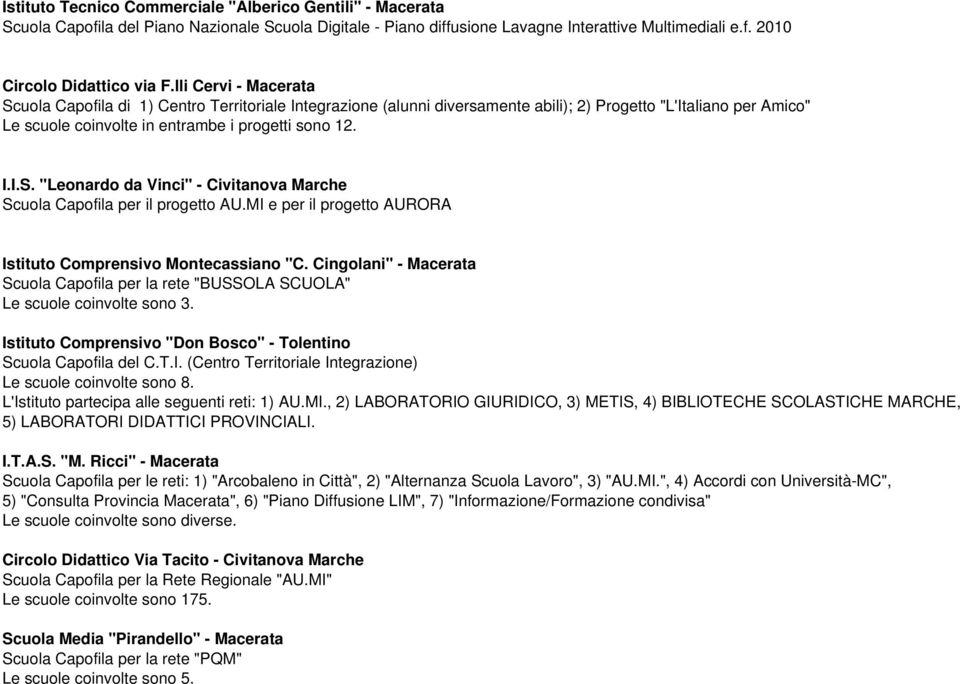 MI e per il progetto AURORA Istituto Comprensivo Montecassiano "C. Cingolani" - Macerata Scuola Capofila per la rete "BUSSOLA SCUOLA" Le scuole coinvolte sono 3.