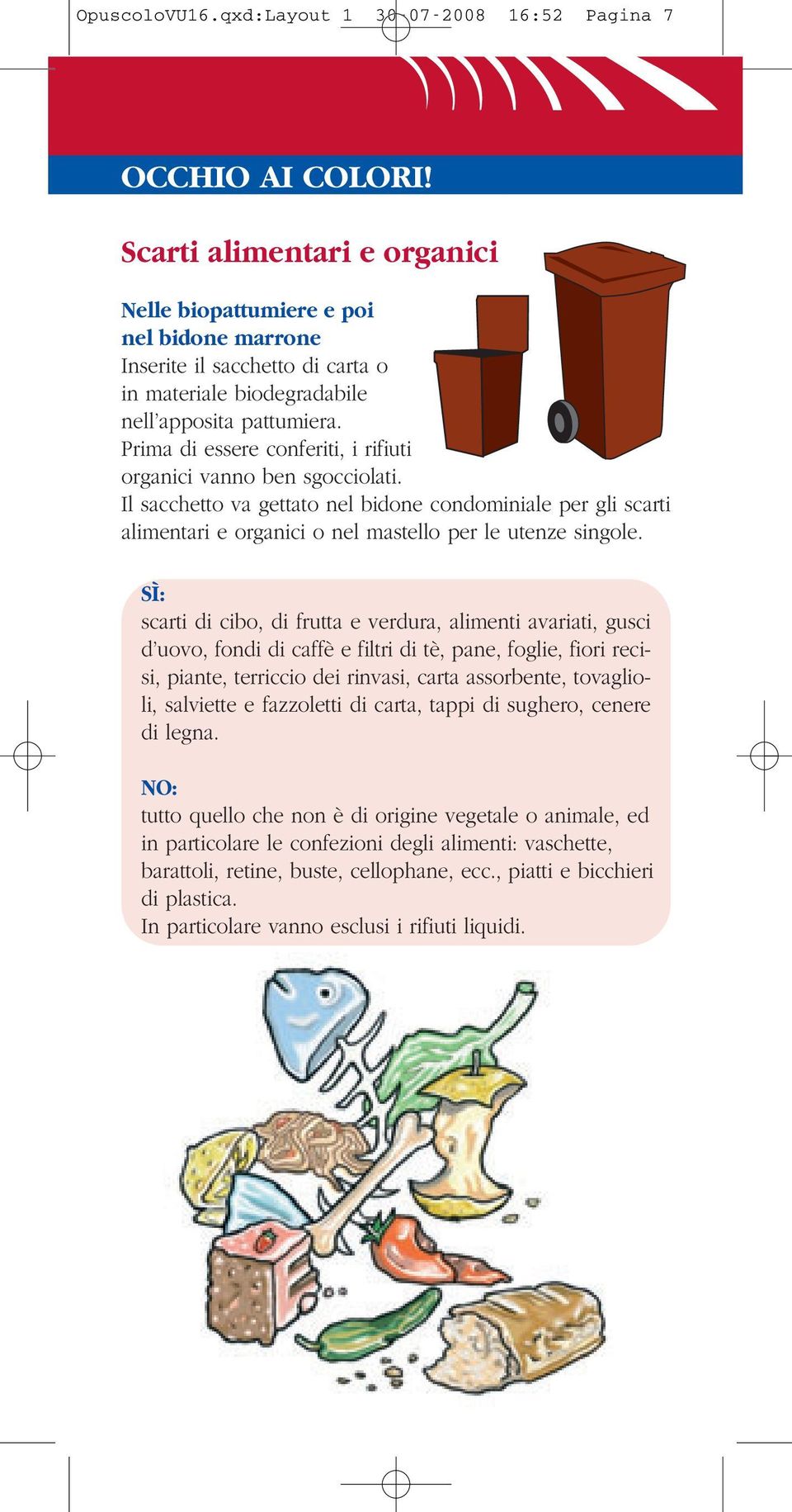 Prima di essere conferiti, i rifiuti organici vanno ben sgocciolati. Il sacchetto va gettato nel bidone condominiale per gli scarti alimentari e organici o nel mastello per le utenze singole.