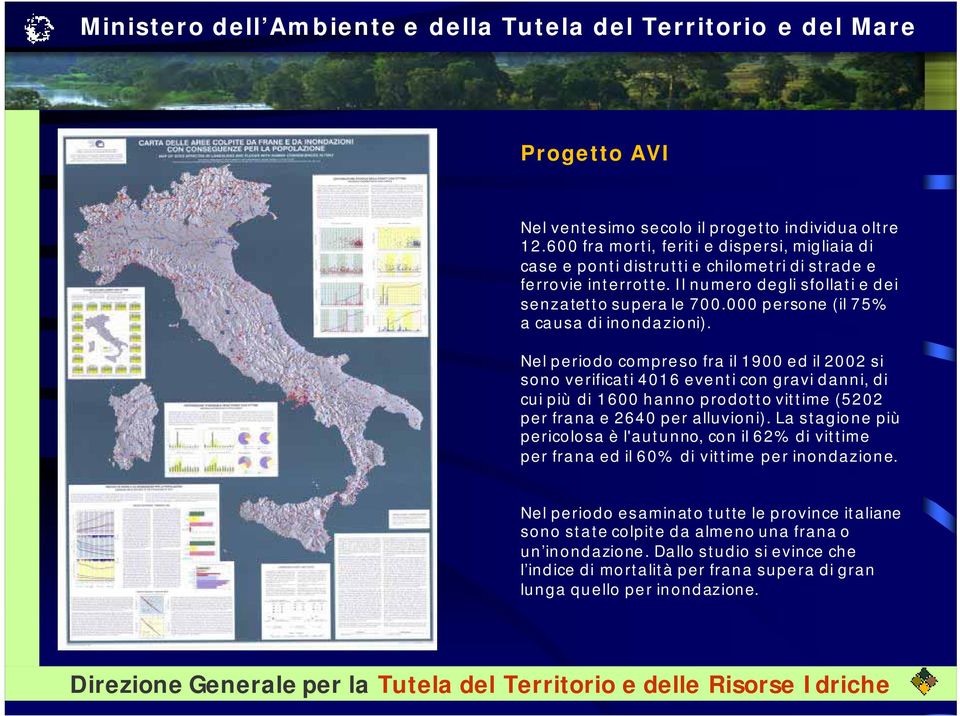 Nel periodo compreso fra il 1900 ed il 2002 si sono verificati 4016 eventi con gravi danni, di cui più di 1600 hanno prodotto vittime (5202 per frana e 2640 per alluvioni).