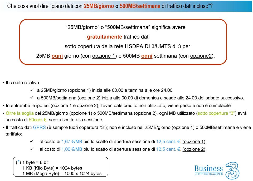 Il credito relativo: a 25MB/giorno (opzione 1) inizia alle 00.00 e termina alle ore 24.00 a 500MB/settimana (opzione 2) inizia alle 00.00 di domenica e scade alle 24.00 del sabato successivo.