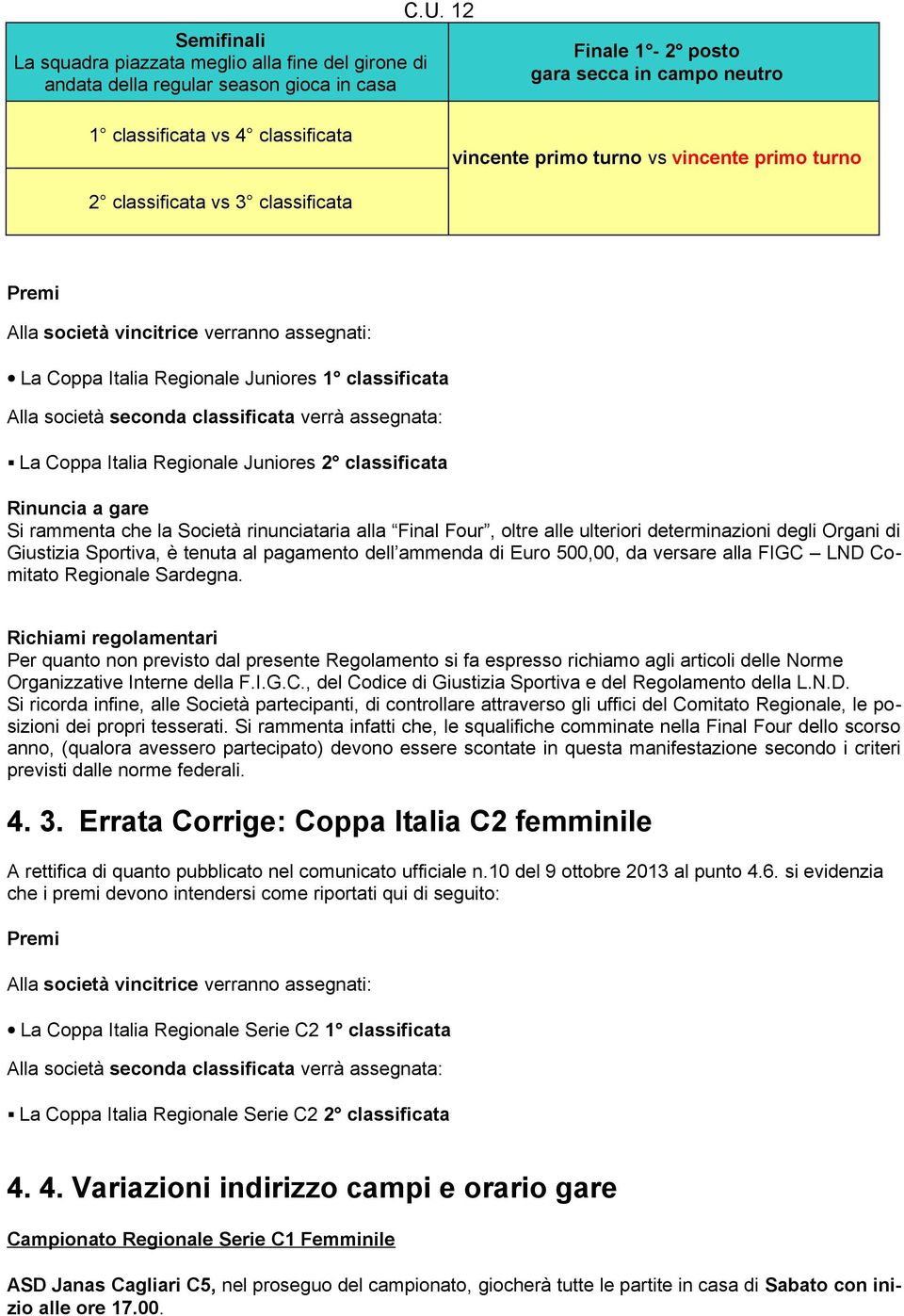 assegnati: La Coppa Italia Regionale Juniores 1 classificata Alla società seconda classificata verrà assegnata: La Coppa Italia Regionale Juniores 2 classificata Rinuncia a gare Si rammenta che la