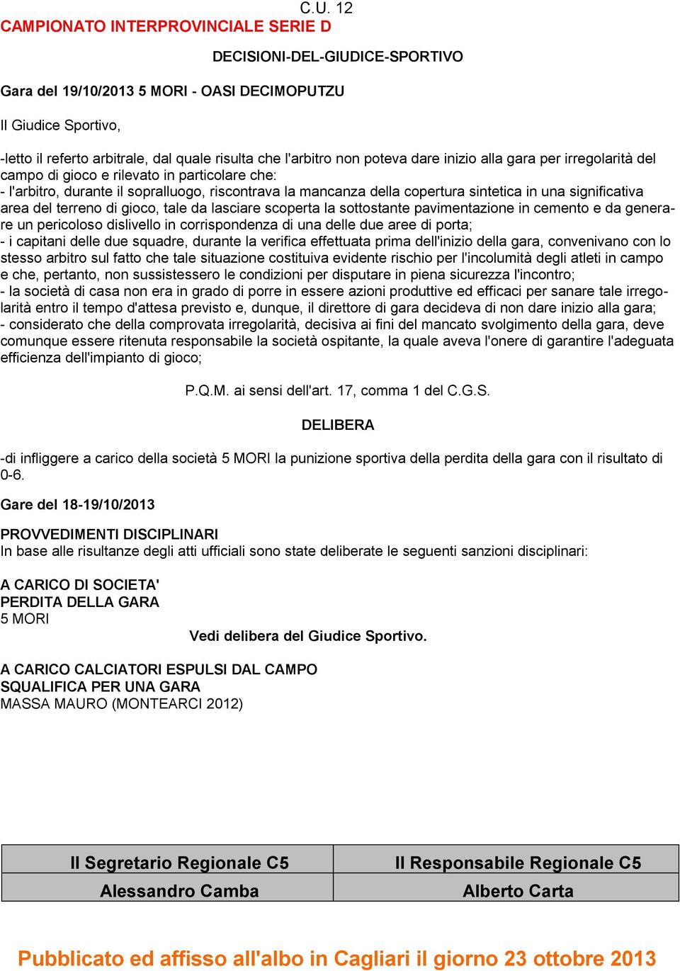 significativa area del terreno di gioco, tale da lasciare scoperta la sottostante pavimentazione in cemento e da generare un pericoloso dislivello in corrispondenza di una delle due aree di porta; -