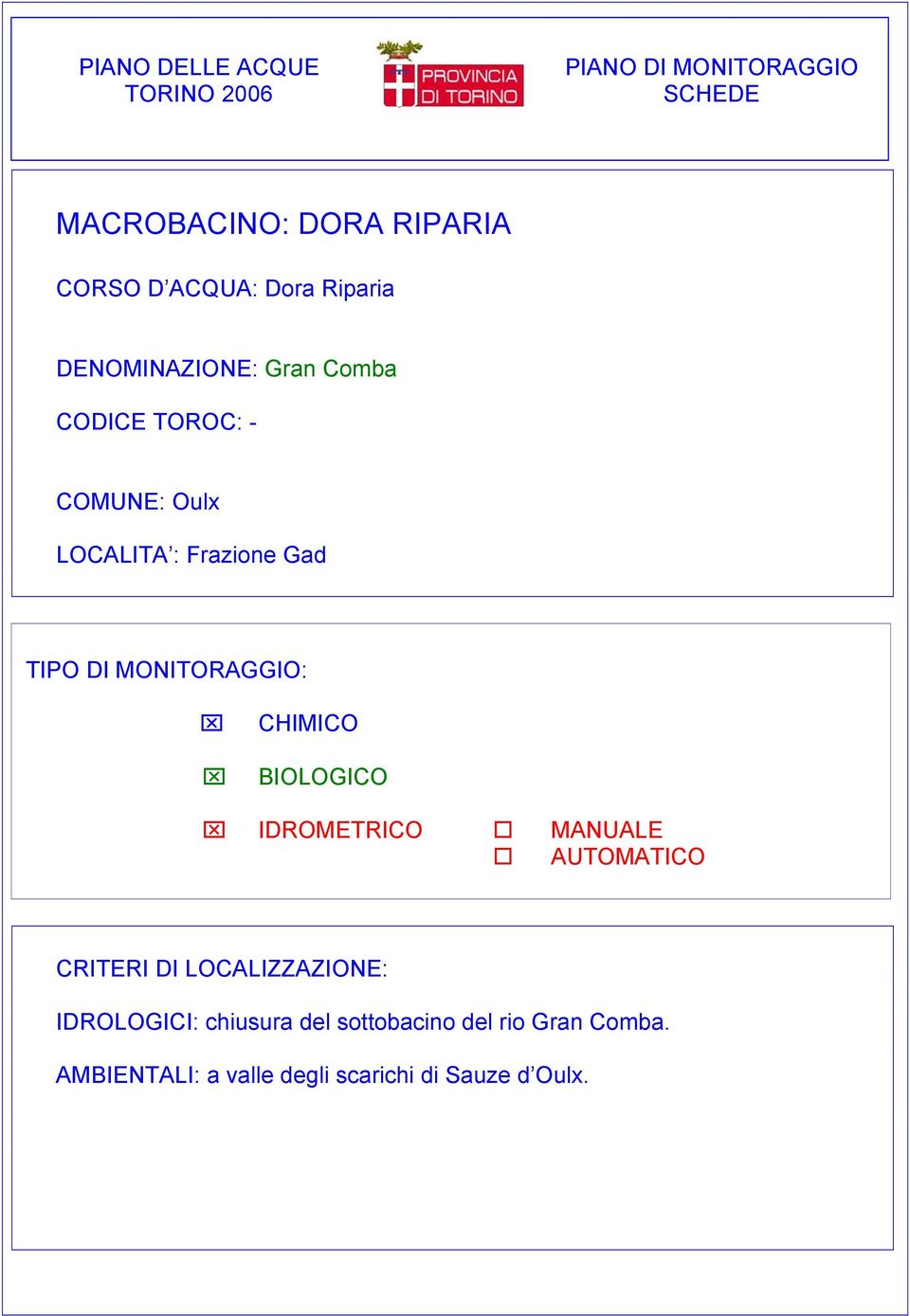 MONITORAGGIO: CHIMICO BIOLOGICO IDROMETRICO MANUALE AUTOMATICO CRITERI DI LOCALIZZAZIONE: