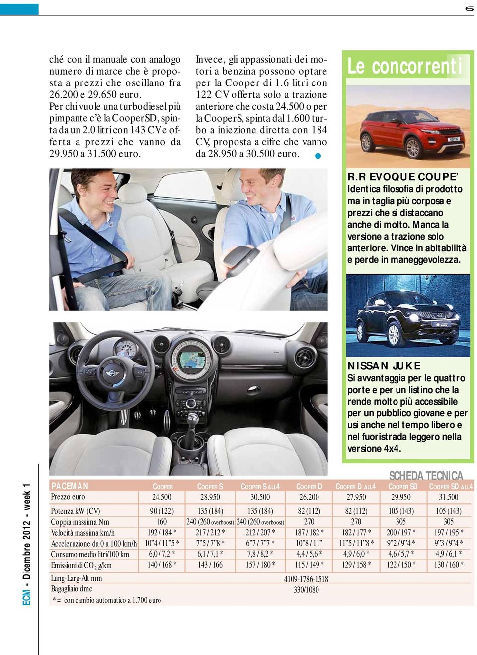 6 litri con 122 CV offerta solo a trazione anteriore che costa 24.500 o per la CooperS, spinta dal 1.600 turbo a iniezione diretta con 184 CV, proposta a cifre che vanno da 28.950 a 30.500 euro.