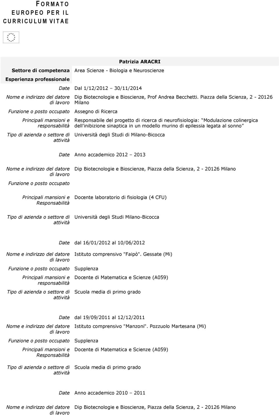 Piazza della Scienza, 2-20126 Milano Responsabile del progetto di ricerca di neurofisiologia: Modulazione colinergica dell inibizione sinaptica in un modello murino di epilessia legata al sonno