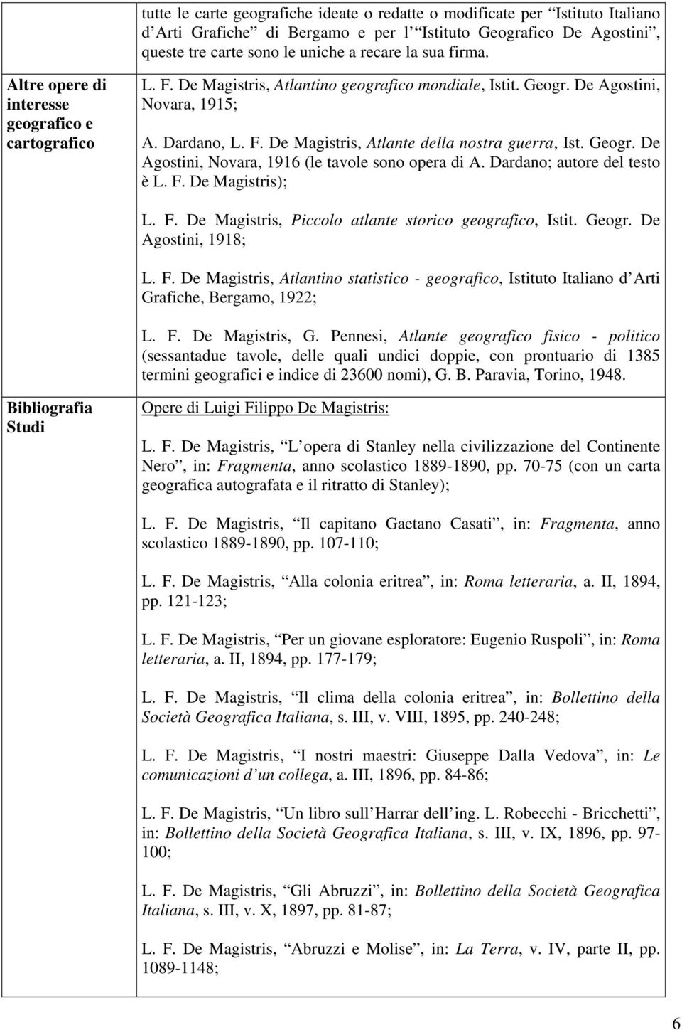 Geogr. De Agostini, Novara, 1916 (le tavole sono opera di A. Dardano; autore del testo è L. F. De Magistris); L. F. De Magistris, Piccolo atlante storico geografico, Istit. Geogr.