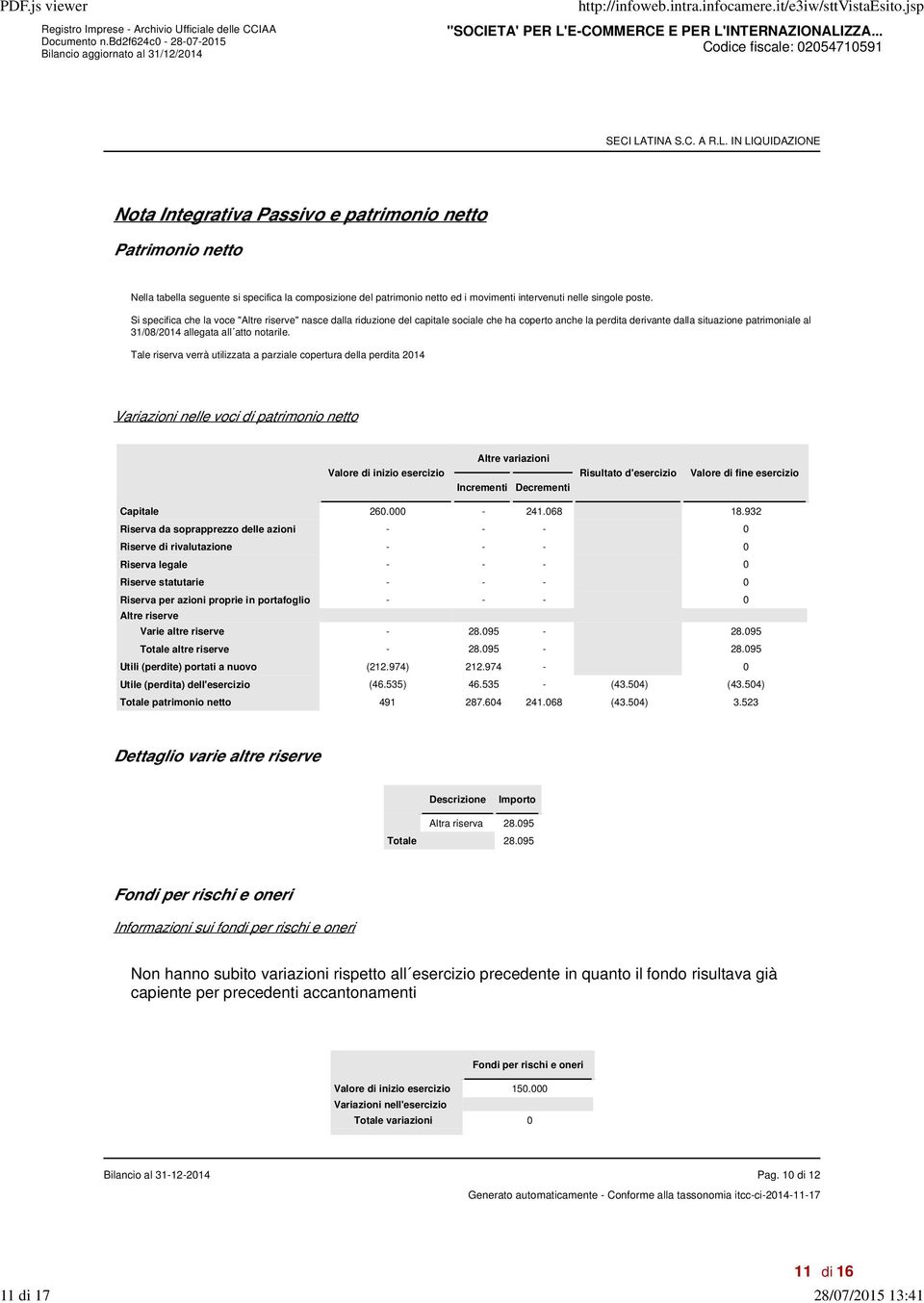 Tale riserva verrà utilizzata a parziale copertura della perdita 2014 Variazioni nelle voci di patrimonio netto Valore di inizio esercizio Altre variazioni Incrementi Decrementi Risultato d'esercizio