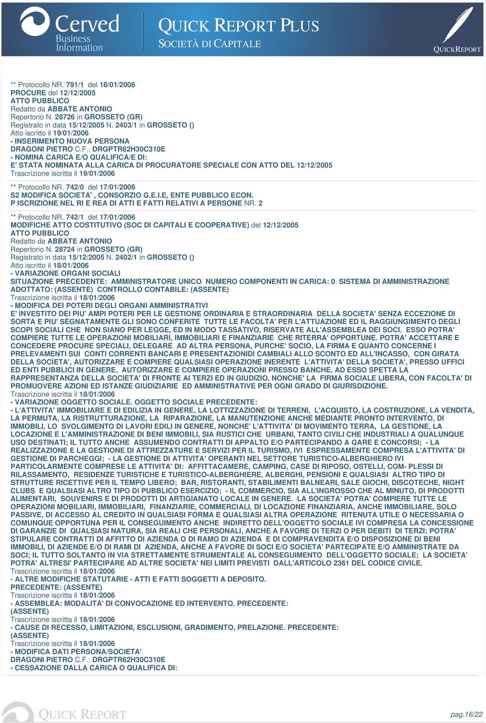 : DRGPTR62H30C310E - NOMINA CARICA E/O QUALIFICA/E DI: E' STATA NOMINATA ALLA CARICA DI PROCURATORE SPECIALE CON ATTO DEL 12/12/2005 Trascrizione iscritta il 19/01/2006 ** Protocollo NR.