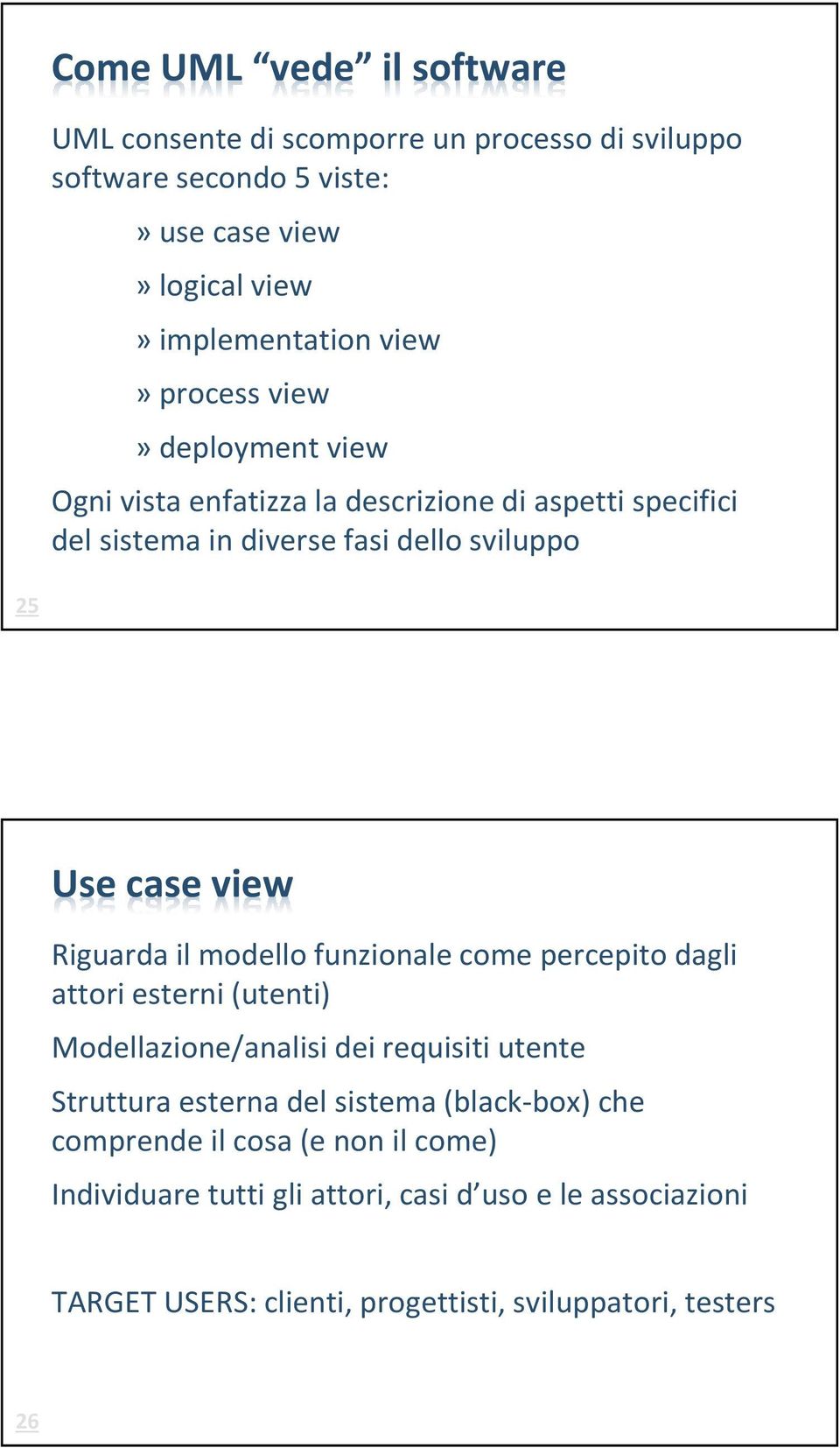 Riguarda il modello funzionale come percepito dagli attori esterni (utenti) Modellazione/analisi dei requisiti utente Struttura esterna del sistema