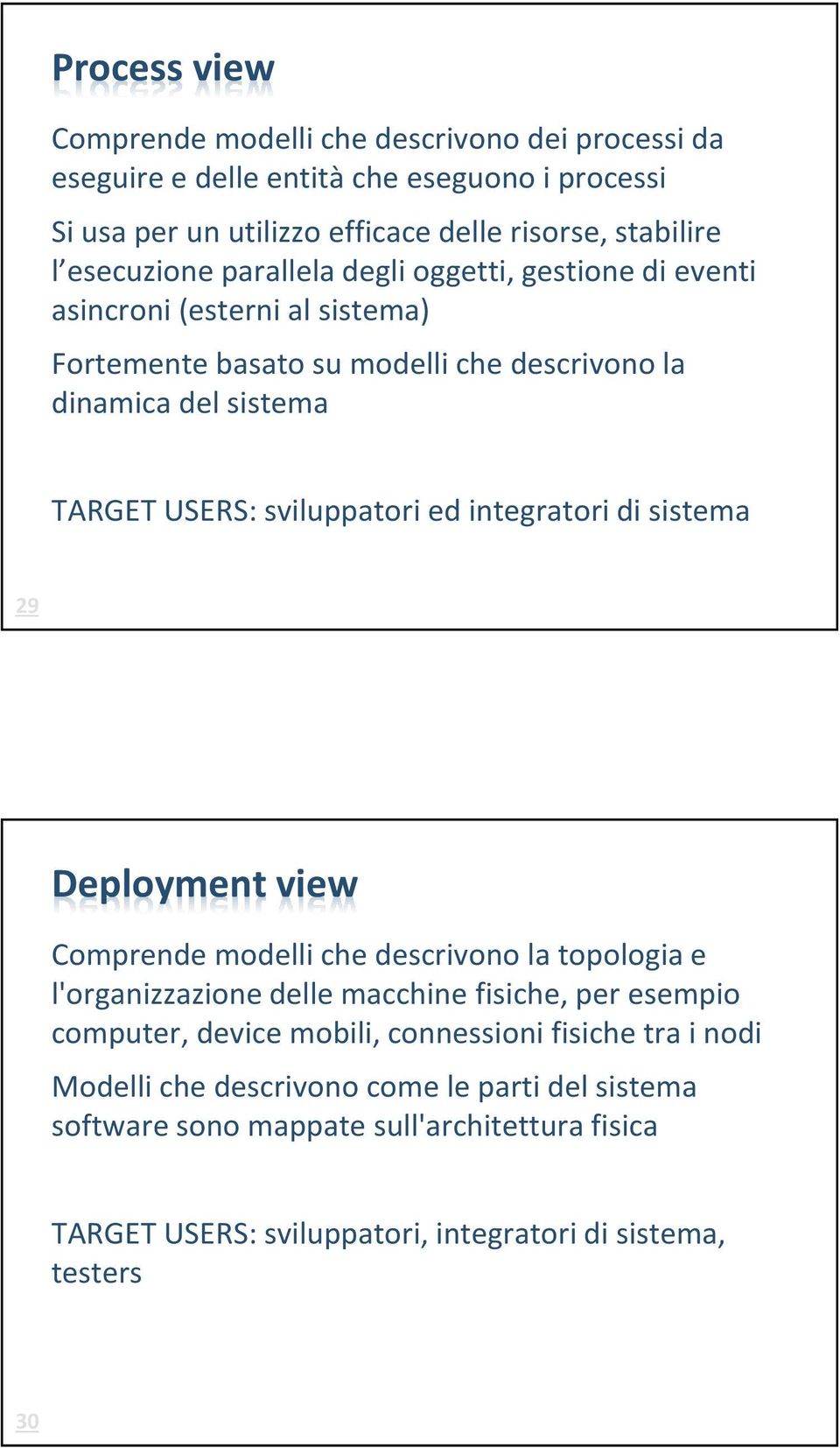 sviluppatori ed integratori di sistema 29 Deployment view Comprende modelli che descrivono la topologia e l'organizzazione delle macchine fisiche, per esempio computer, device