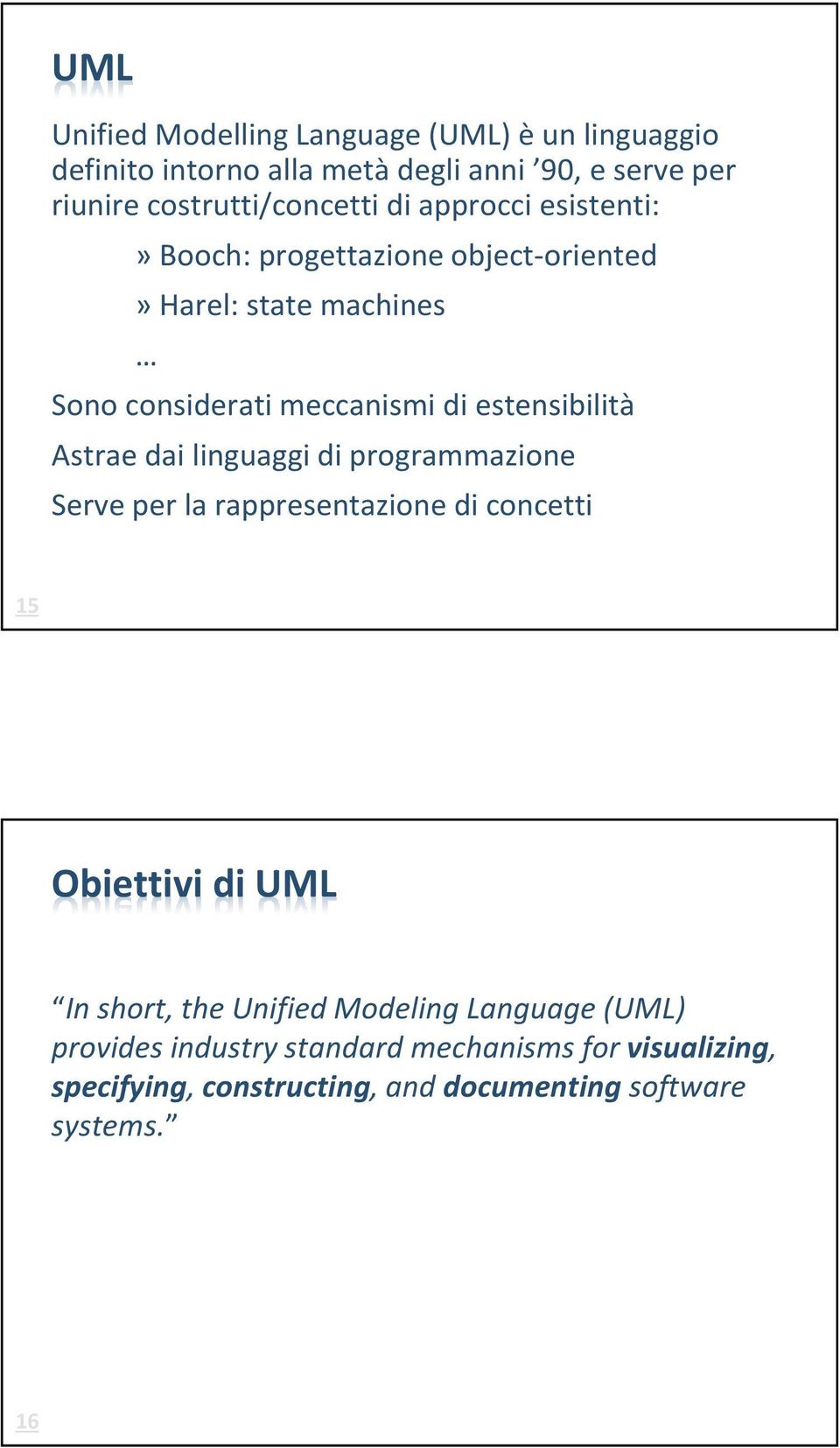 di estensibilità Astrae dai linguaggi di programmazione Serve per la rappresentazione di concetti 15 Obiettivi di UML In short, the