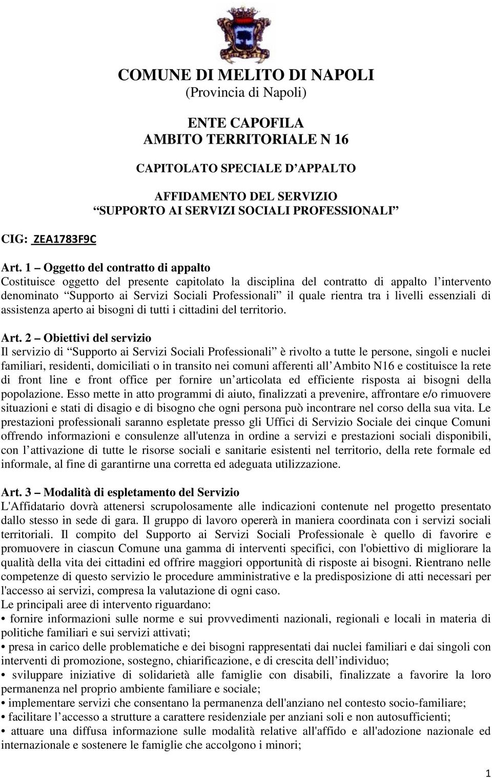 1 Oggetto del contratto di appalto Costituisce oggetto del presente capitolato la disciplina del contratto di appalto l intervento denominato Supporto ai Servizi Sociali Professionali il quale