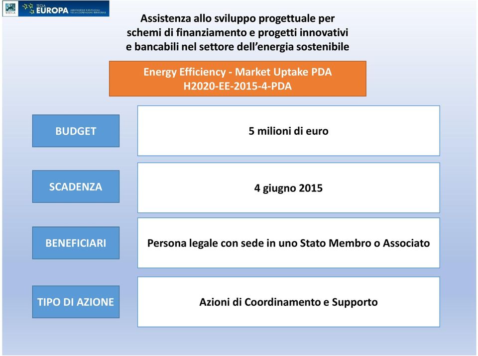 H2020-EE-2015-4-PDA BUDGET 5 milioni di euro SCADENZA 4 giugno 2015 BENEFICIARI Persona