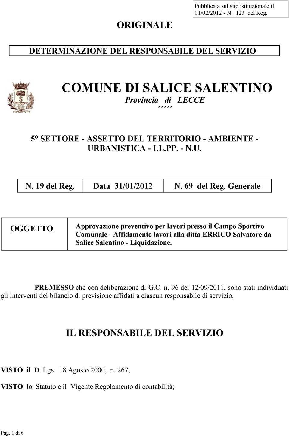 Data 31/01/2012 N. 69 del Reg.