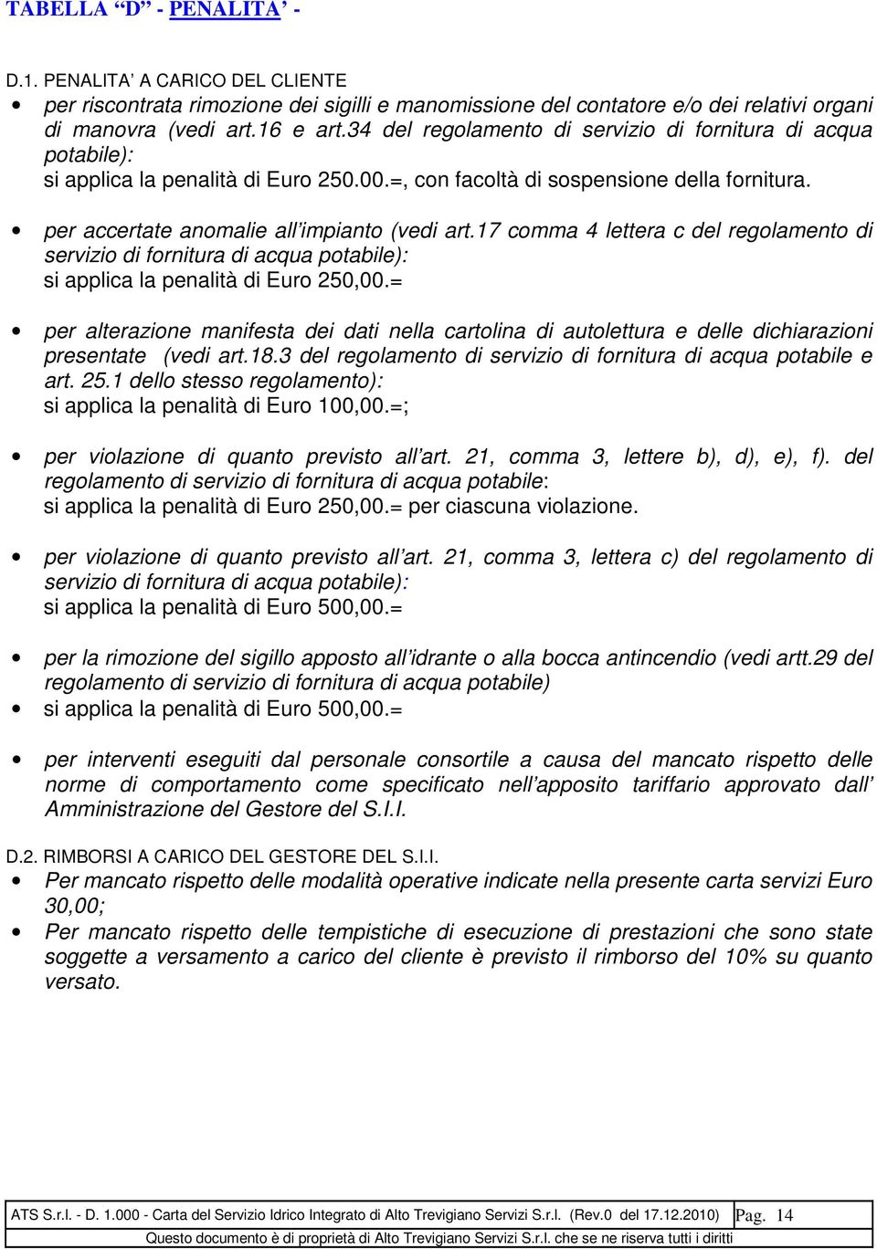 17 comma 4 lettera c del regolamento di servizio di fornitura di acqua potabile): si applica la penalità di Euro 250,00.