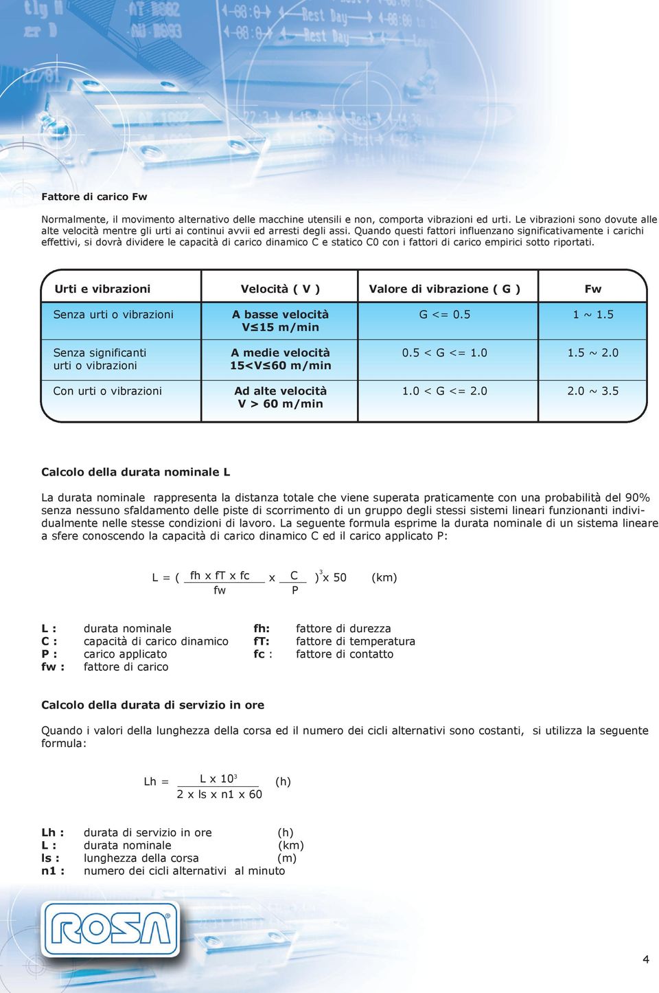 Quando questi fattori influenzano significativamente i carichi effettivi, si dovrà dividere le capacità di carico dinamico C e statico C0 con i fattori di carico empirici sotto riportati.