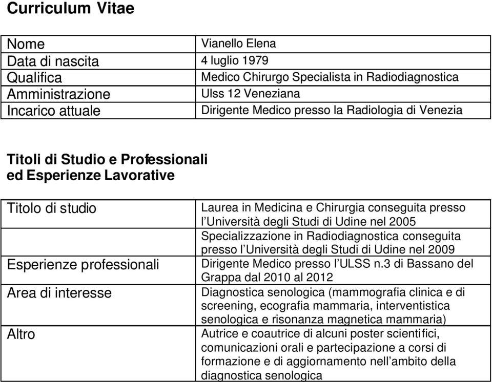 Università degli Studi di Udine nel 2005 Specializzazione in Radiodiagnostica conseguita presso l Università degli Studi di Udine nel 2009 Dirigente Medico presso l ULSS n.