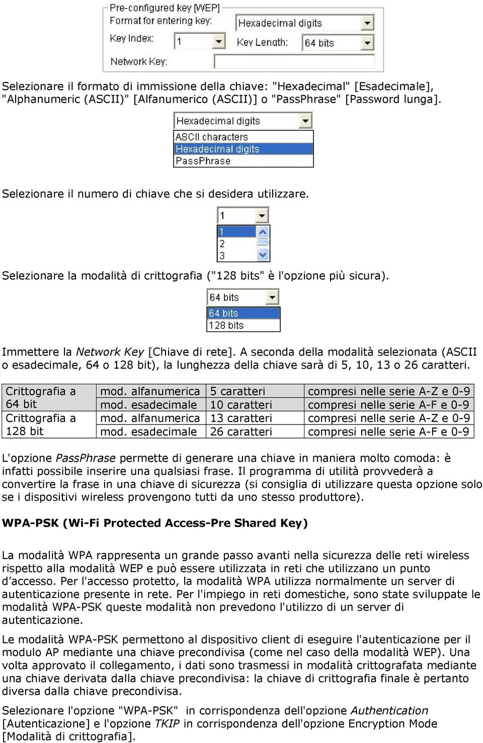 A seconda della modalità selezionata (ASCII o esadecimale, 64 o 128 bit), la lunghezza della chiave sarà di 5, 10, 13 o 26 caratteri. Crittografia a mod.