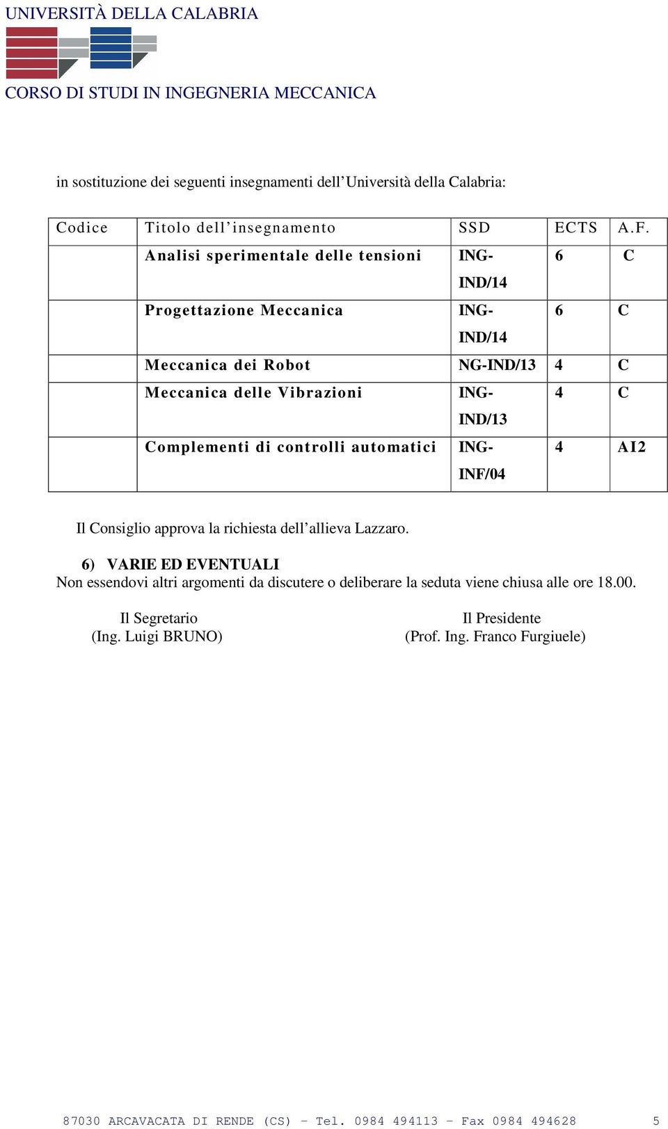 Complementi di controlli automatici NG- NF/04 4 A2 l Consiglio approva la richiesta dell allieva Lazzaro.