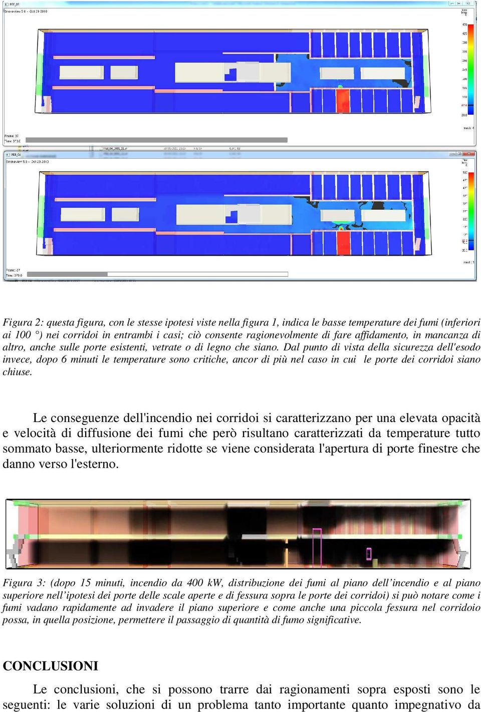 Dal punto di vista della sicurezza dell'esodo invece, dopo 6 minuti le temperature sono critiche, ancor di più nel caso in cui le porte dei corridoi siano chiuse.