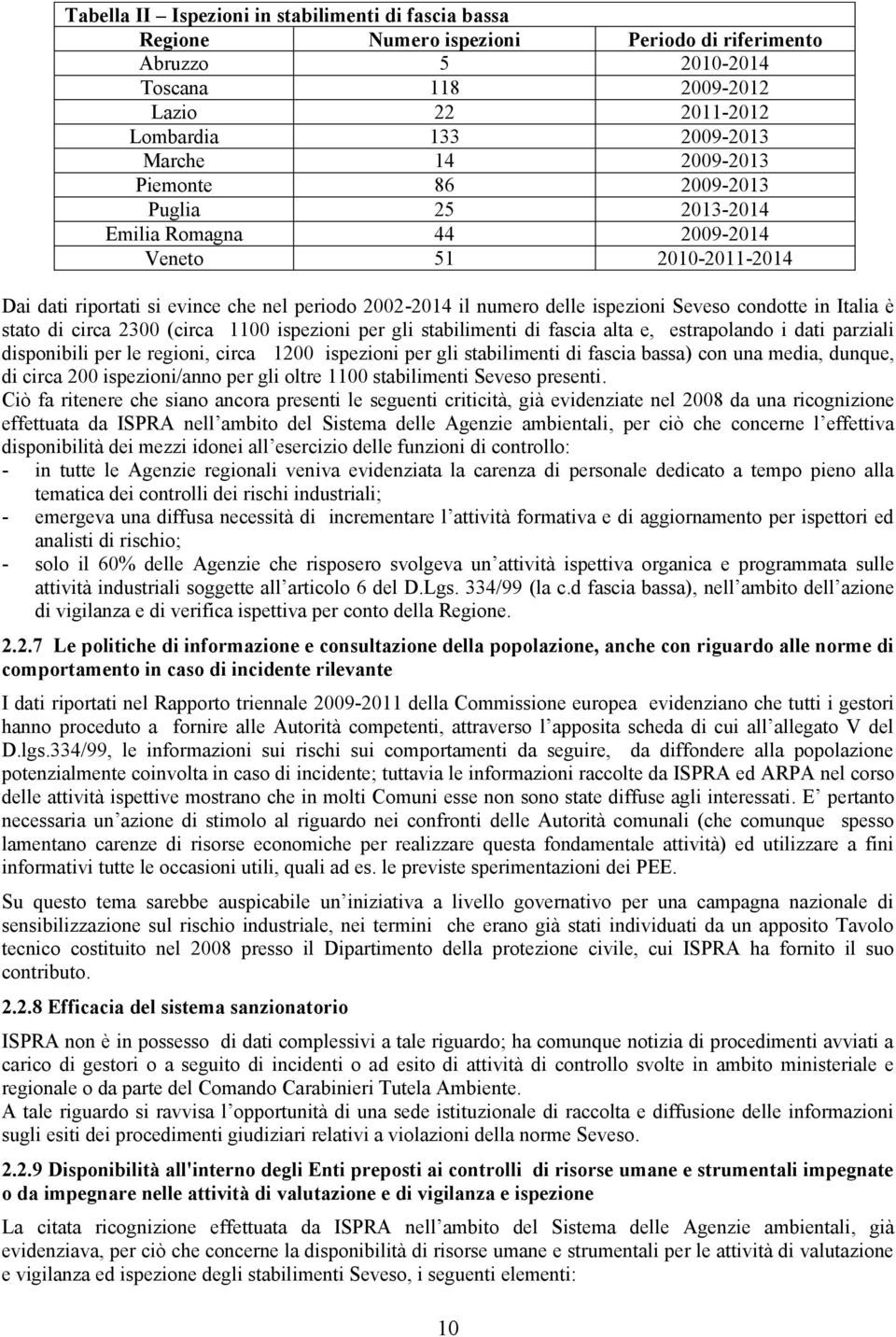 condotte in Italia è stato di circa 2300 (circa 1100 ispezioni per gli stabilimenti di fascia alta e, estrapolando i dati parziali disponibili per le regioni, circa 1200 ispezioni per gli