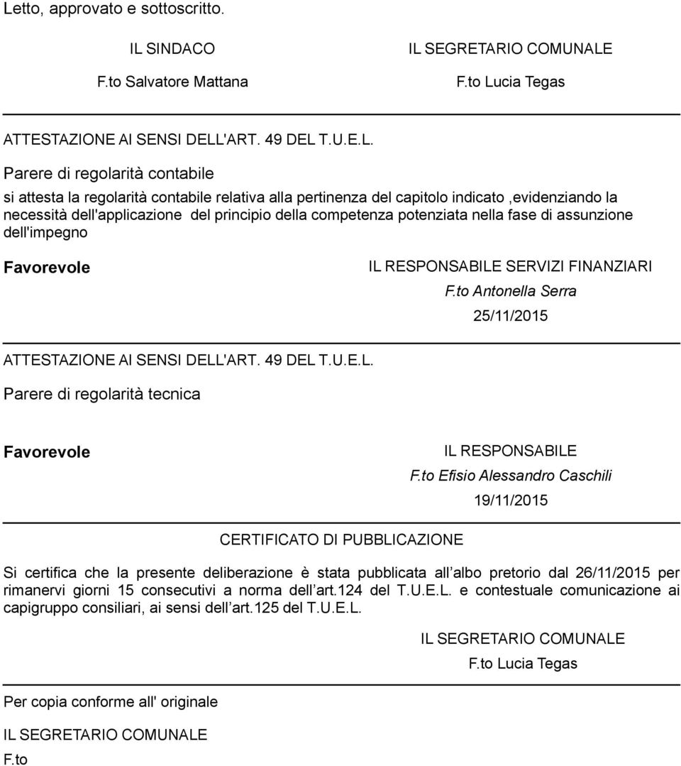 SERVIZI FINANZIARI F.to Antonella Serra 25/11/2015 ATTESTAZIONE Al SENSI DELL'ART. 49 DEL T.U.E.L. Parere di regolarità tecnica Favorevole IL RESPONSABILE F.