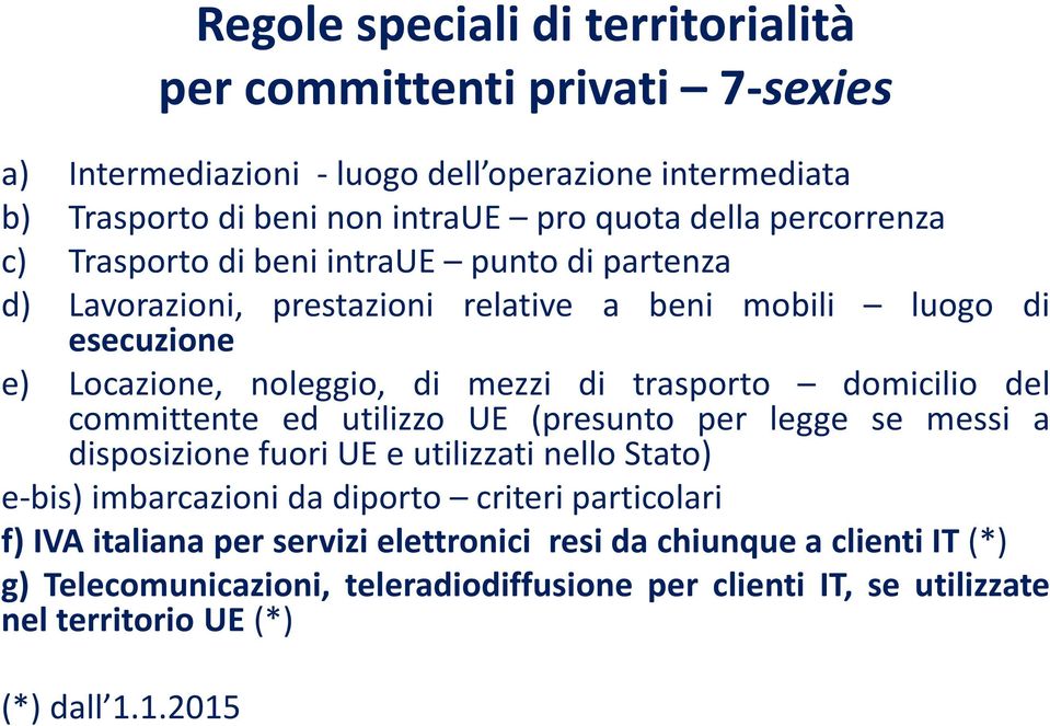 domicilio del committente ed utilizzo UE (presunto per legge se messi a disposizione fuori UE e utilizzati nello Stato) e-bis) imbarcazioni da diporto criteri particolari f)