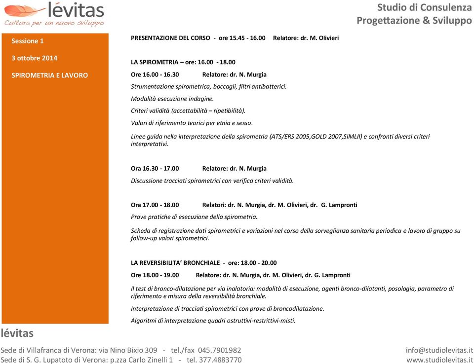 Linee guida nella interpretazione della spirometria (ATS/ERS 2005,GOLD 2007,SIMLII) e confronti diversi criteri interpretativi. Ora 16.30 17.00 Relatore: dr. N.