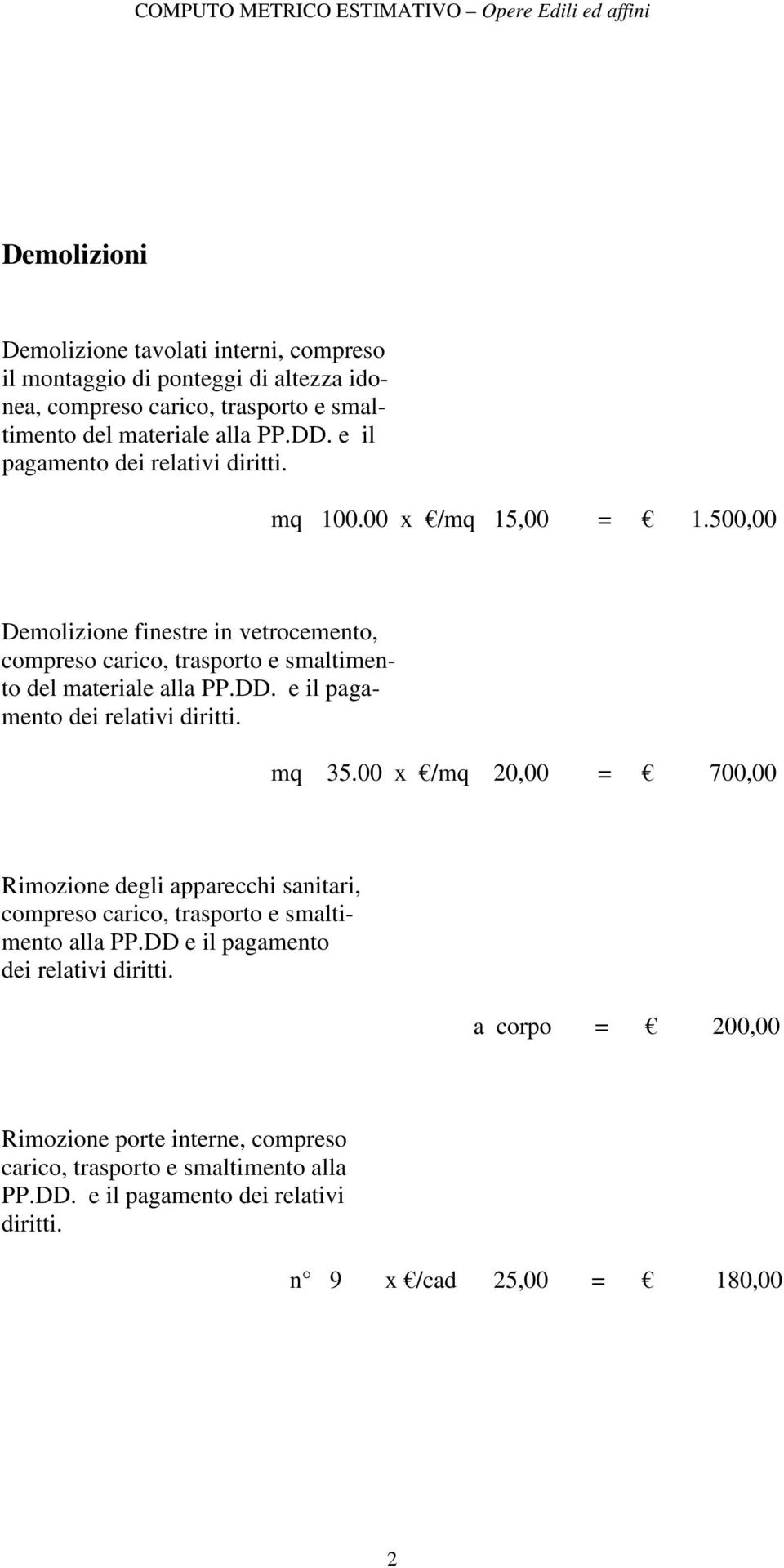 DD. e il pagamento dei relativi diritti. mq 35.00 x /mq 20,00 = 700,00 Rimozione degli apparecchi sanitari, compreso carico, trasporto e smaltimento alla PP.