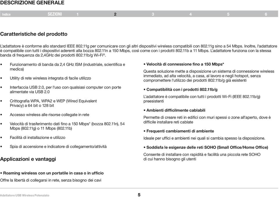 L'adattatore funziona con la stessa banda di frequenza da 2,4GHz dei prodotti 802.11b/g Wi-Fi.