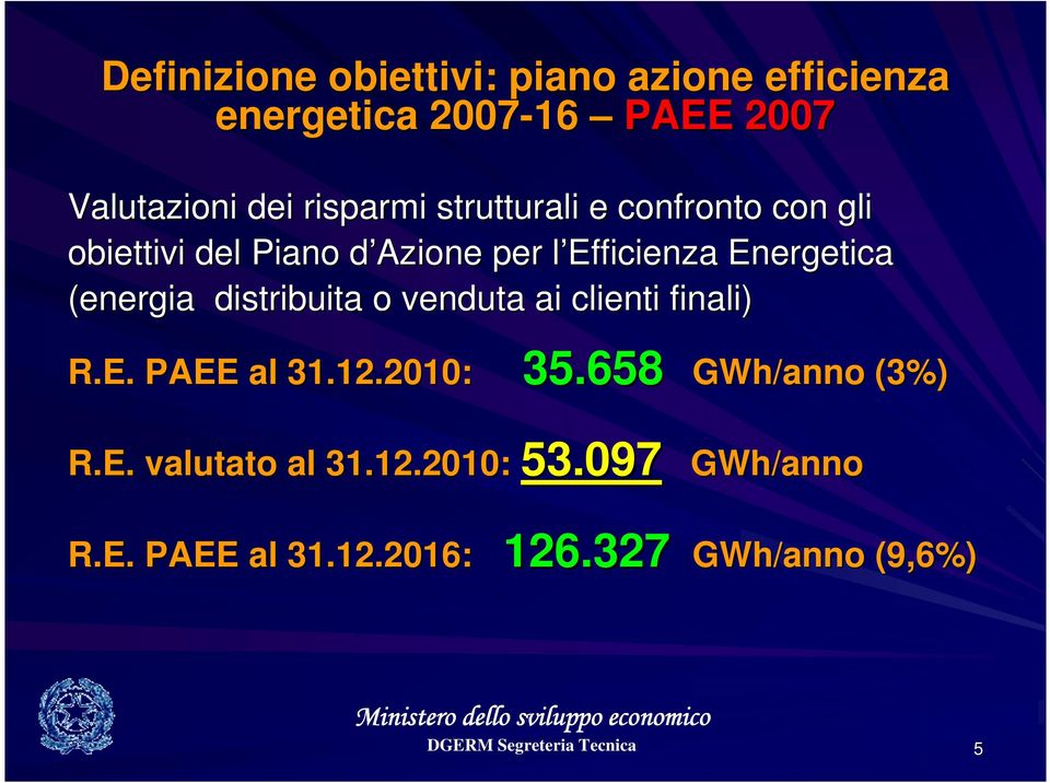 distribuita o venduta ai clienti finali) R.E. PAEE al 31.12.2010: 35.658 GWh/anno (3%) R.E. valutato al 31.