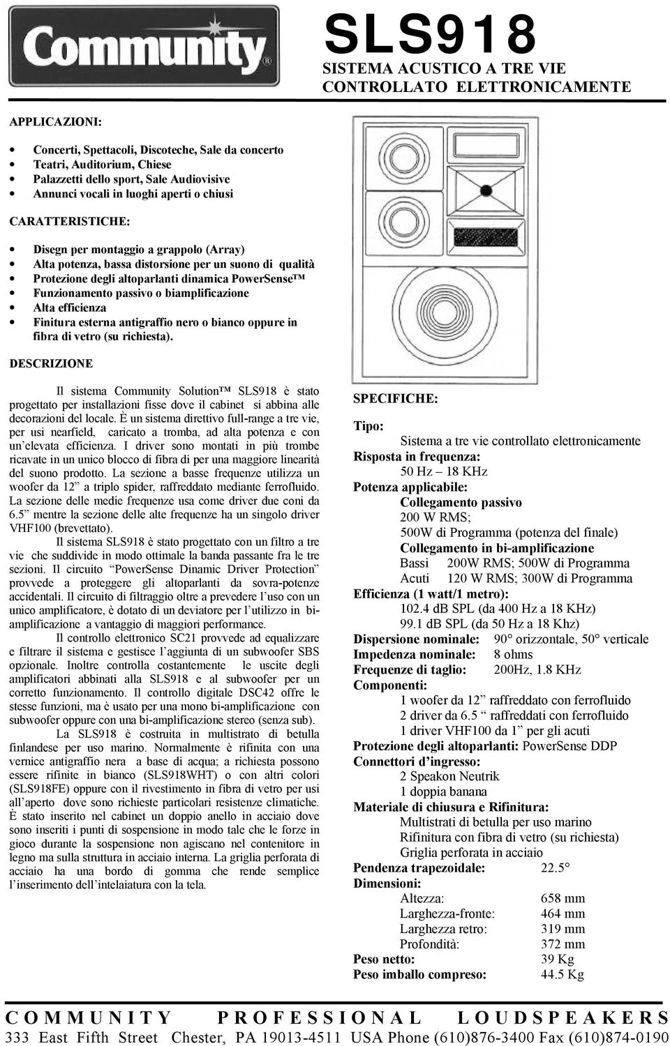 PowerSense Funzionamento passivo o biamplificazione Alta efficienza Finitura esterna antigraffio nero o bianco oppure in fibra di vetro (su richiesta).