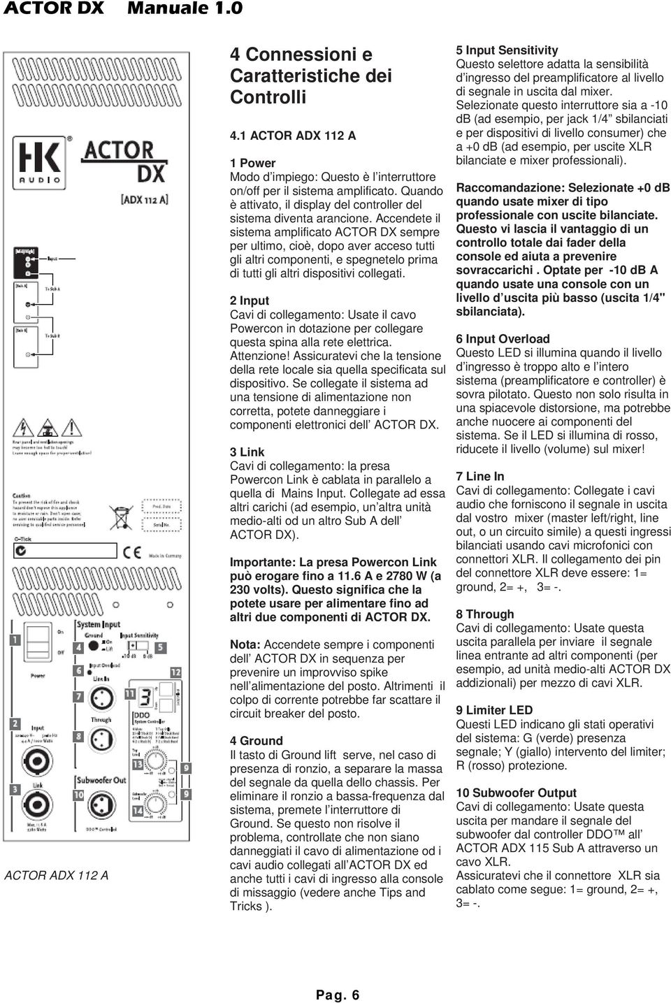 Accendete il sistema amplificato ACTOR DX sempre per ultimo, cioè, dopo aver acceso tutti gli altri componenti, e spegnetelo prima di tutti gli altri dispositivi collegati.