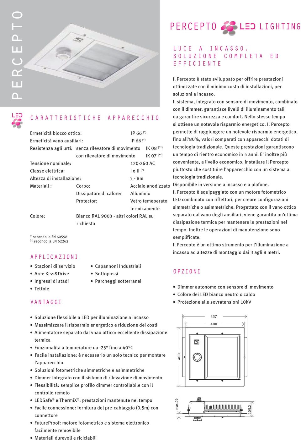 termicamente Colore: Bianco RAL 9003 - altri colori RAL su richiesta (*) secondo la EN 60598 (**) secondo la EN 62262 APPLICAZIONI Stazioni di servizio Aree Kiss&Drive Ingressi di stadi Tettoie