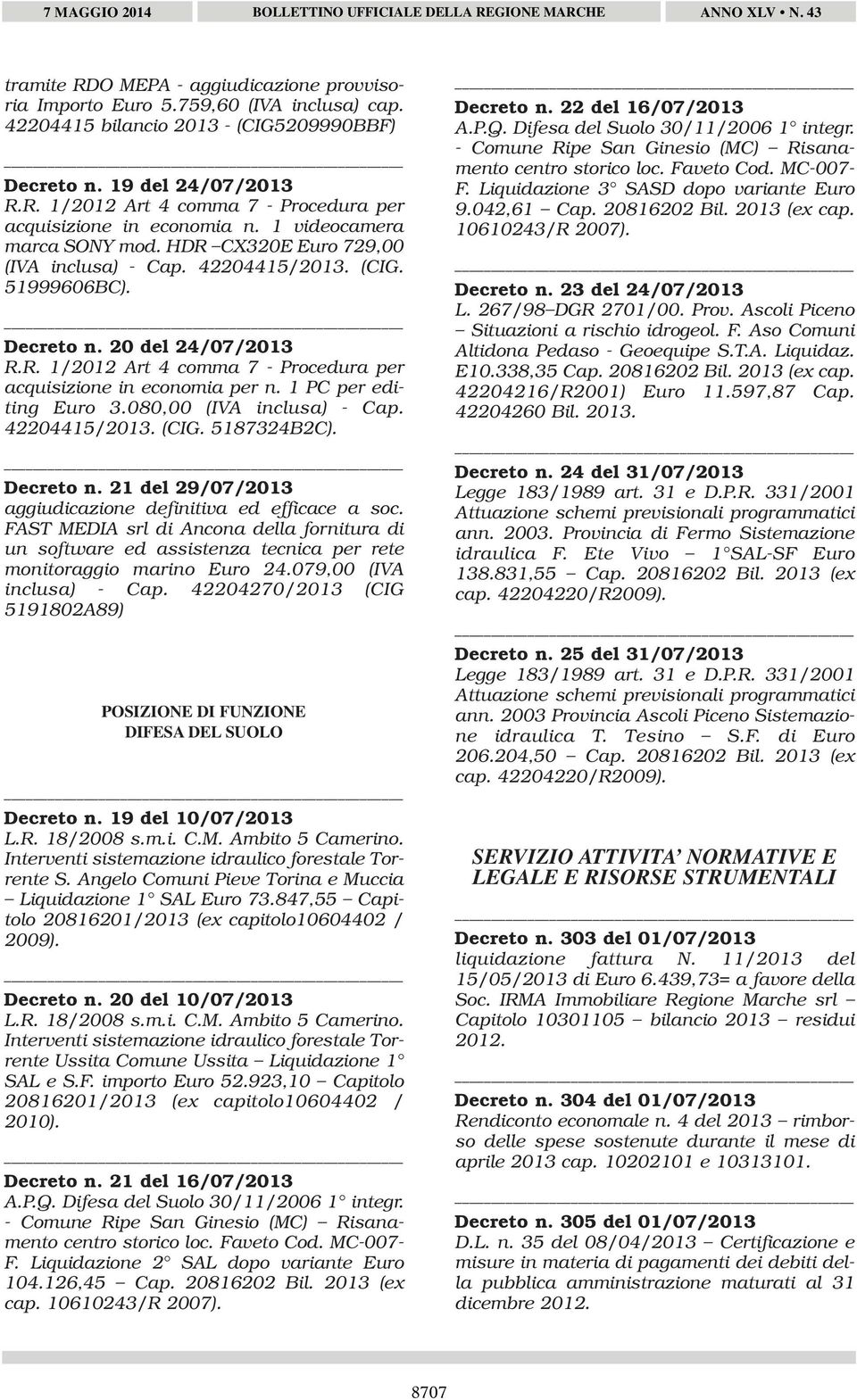 1 PC per editing Euro 3.080,00 (IVA inclusa) - Cap. 42204415/ (CIG. 5187324B2C). Decreto n. 21 del 29/07/2013 aggiudicazione definitiva ed efficace a soc.