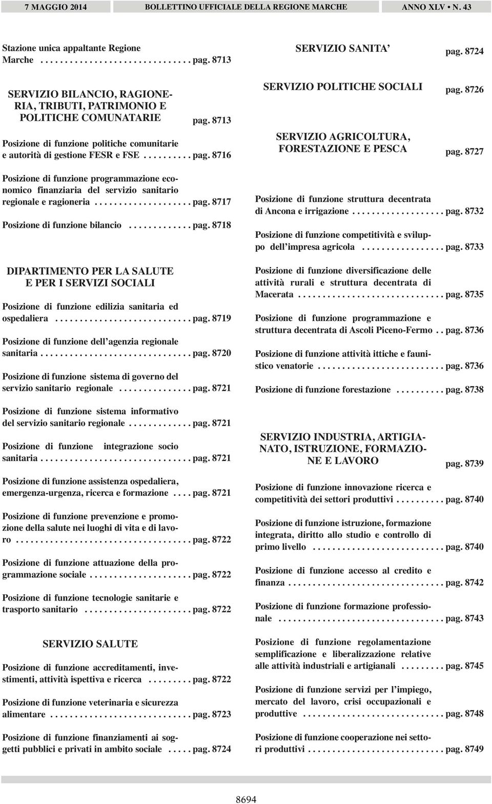 8716 Posizione di funzione programmazione economico finanziaria del servizio sanitario regionale e ragioneria.................... pag.